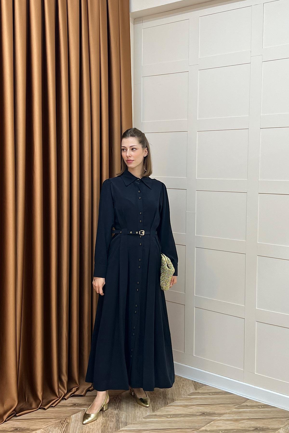 Nisa Boydan Düğmeli Elbise Lacivert