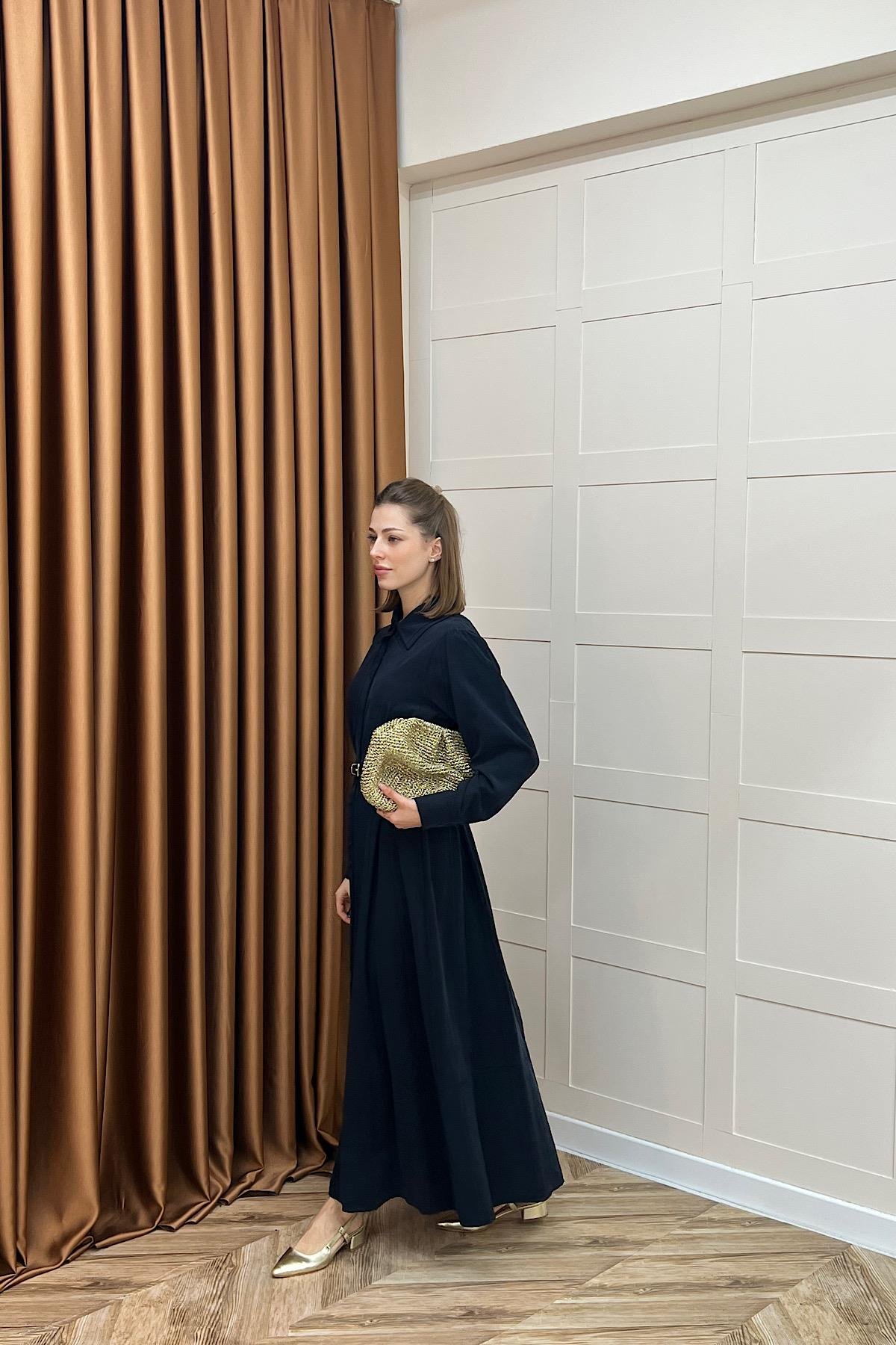 Nisa Boydan Düğmeli Elbise Lacivert