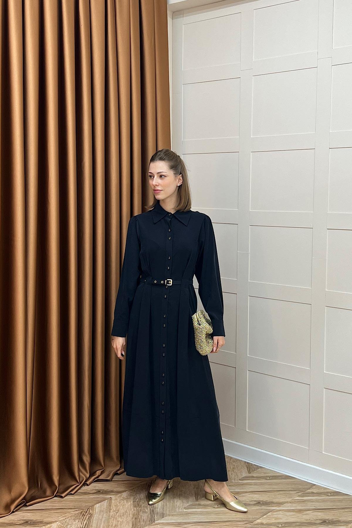 Nisa Boydan Düğmeli Elbise Lacivert