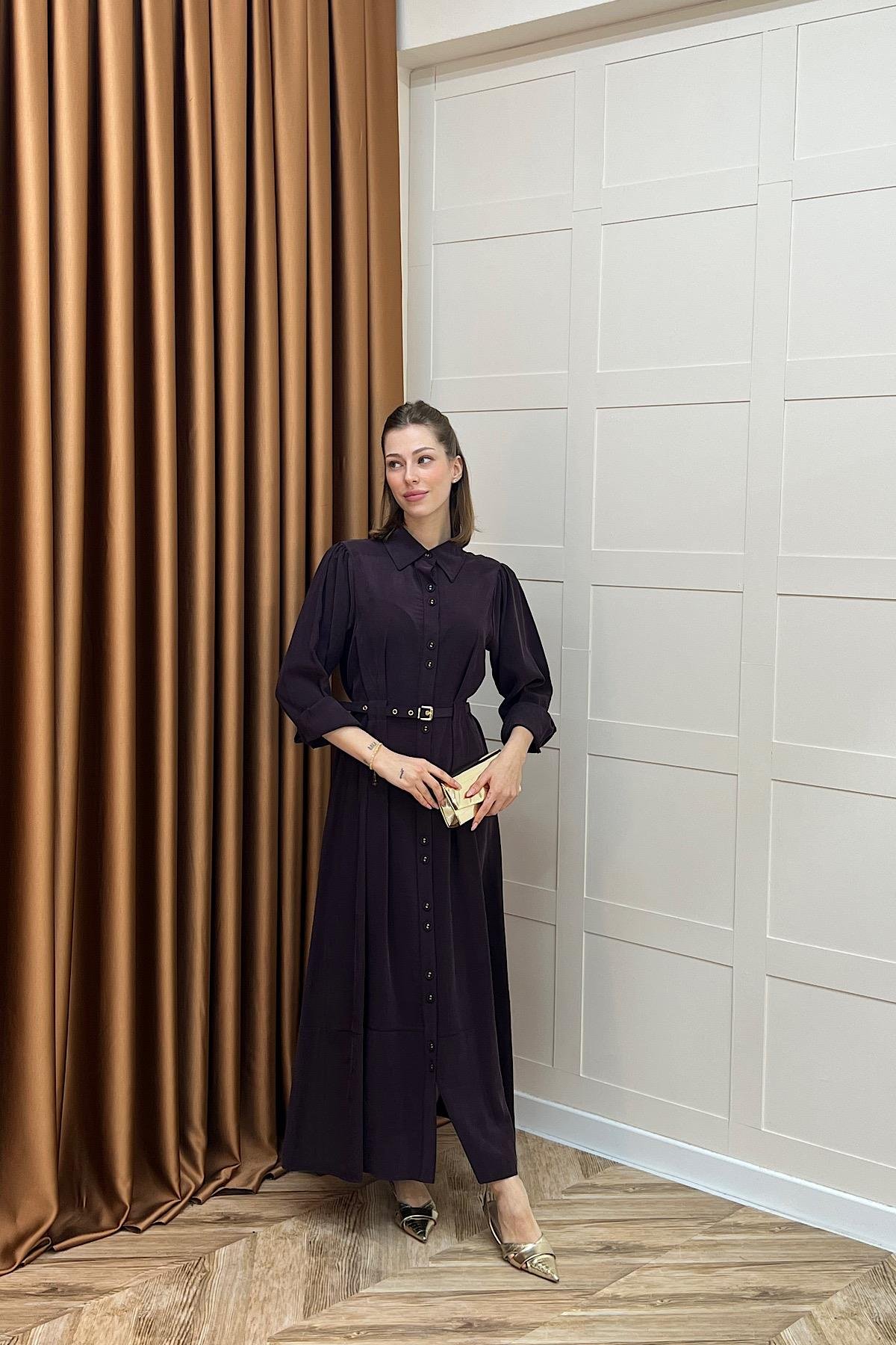 Nisa Boydan Düğmeli Elbise Mürdüm