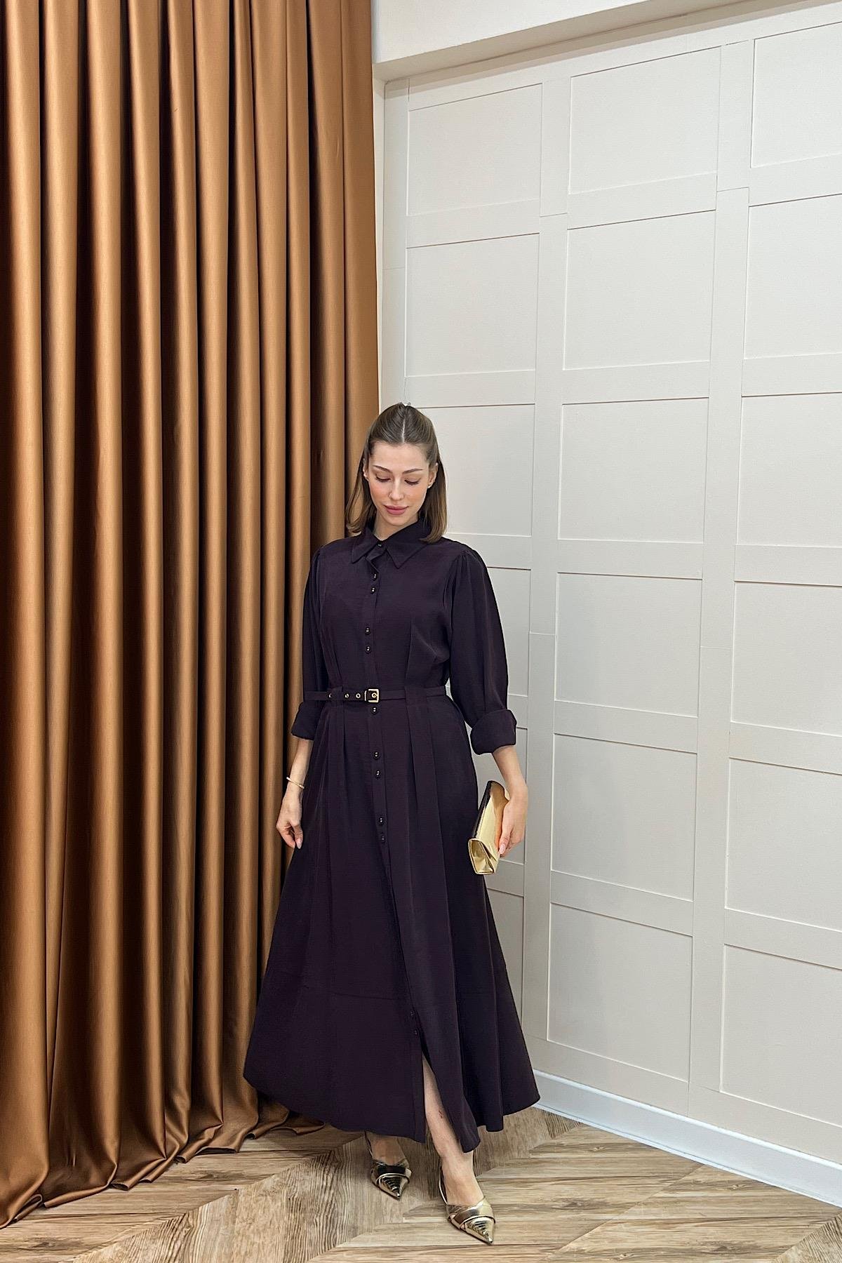 Nisa Boydan Düğmeli Elbise Mürdüm