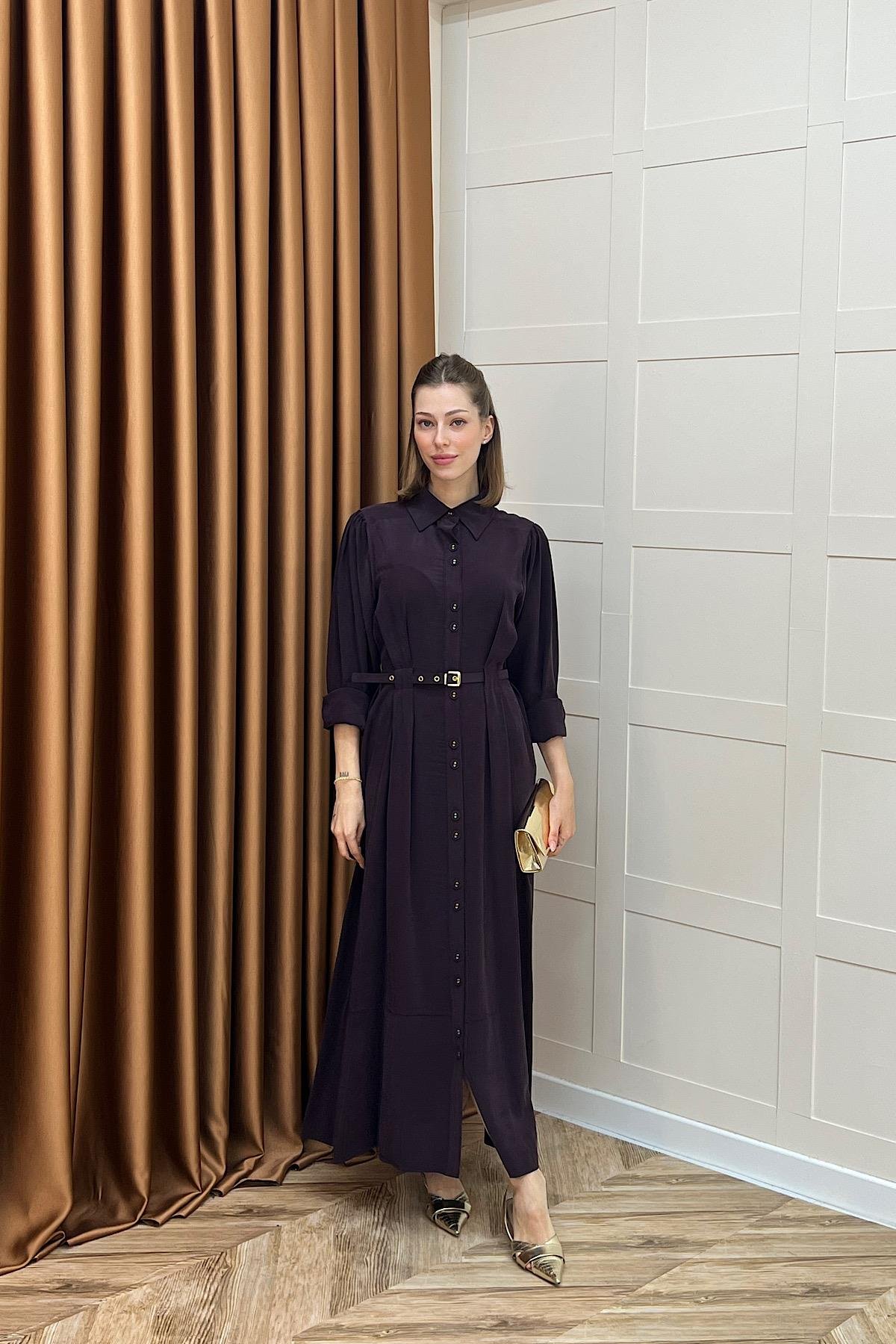 Nisa Boydan Düğmeli Elbise Mürdüm