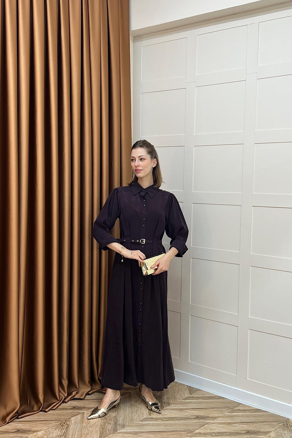 Nisa Boydan Düğmeli Elbise Mürdüm