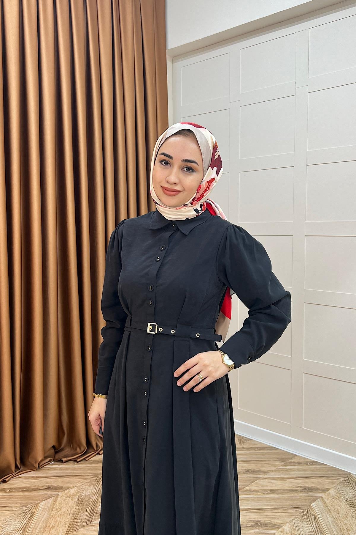 Nisa Boydan Düğmeli Elbise Siyah