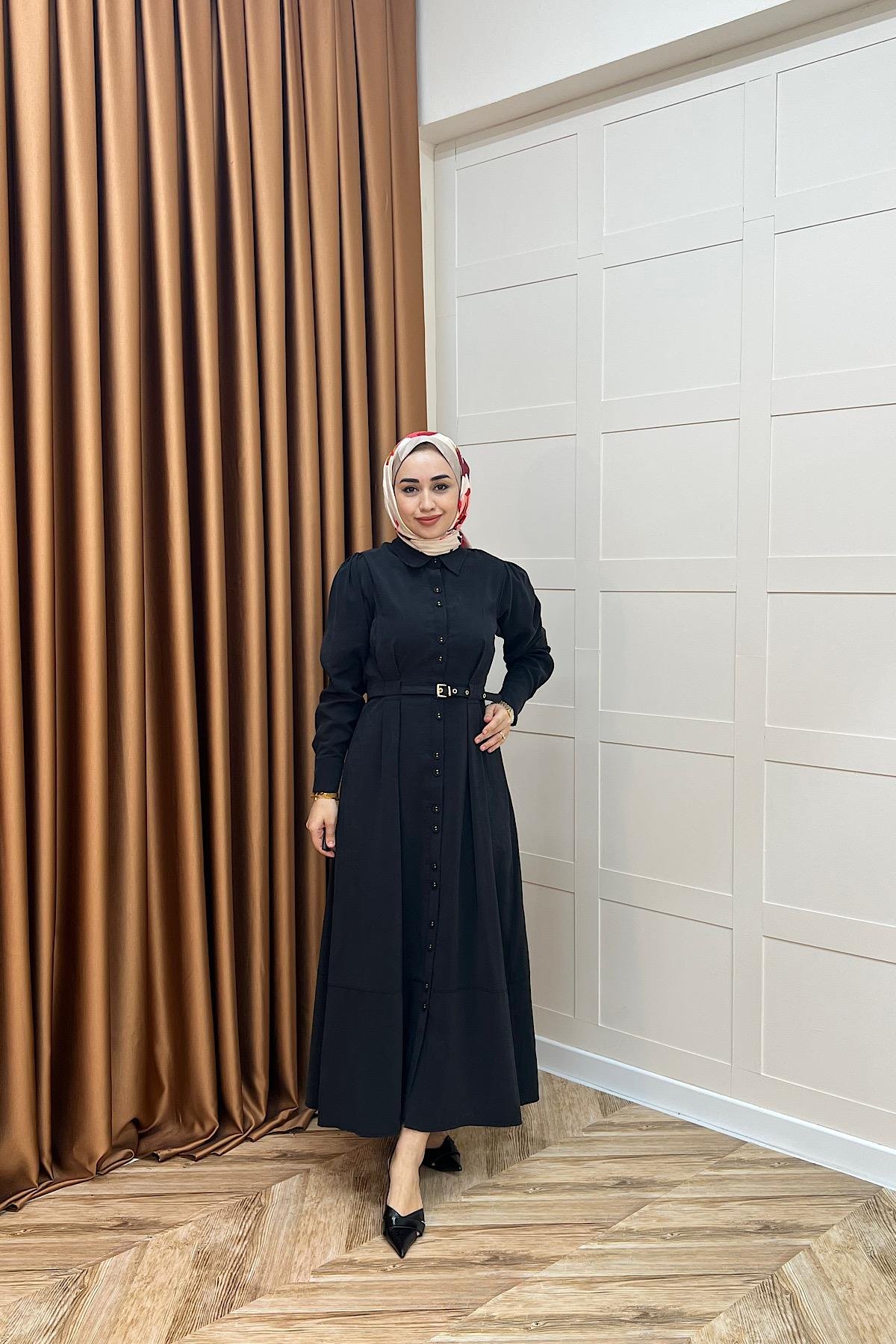 Nisa Boydan Düğmeli Elbise Siyah