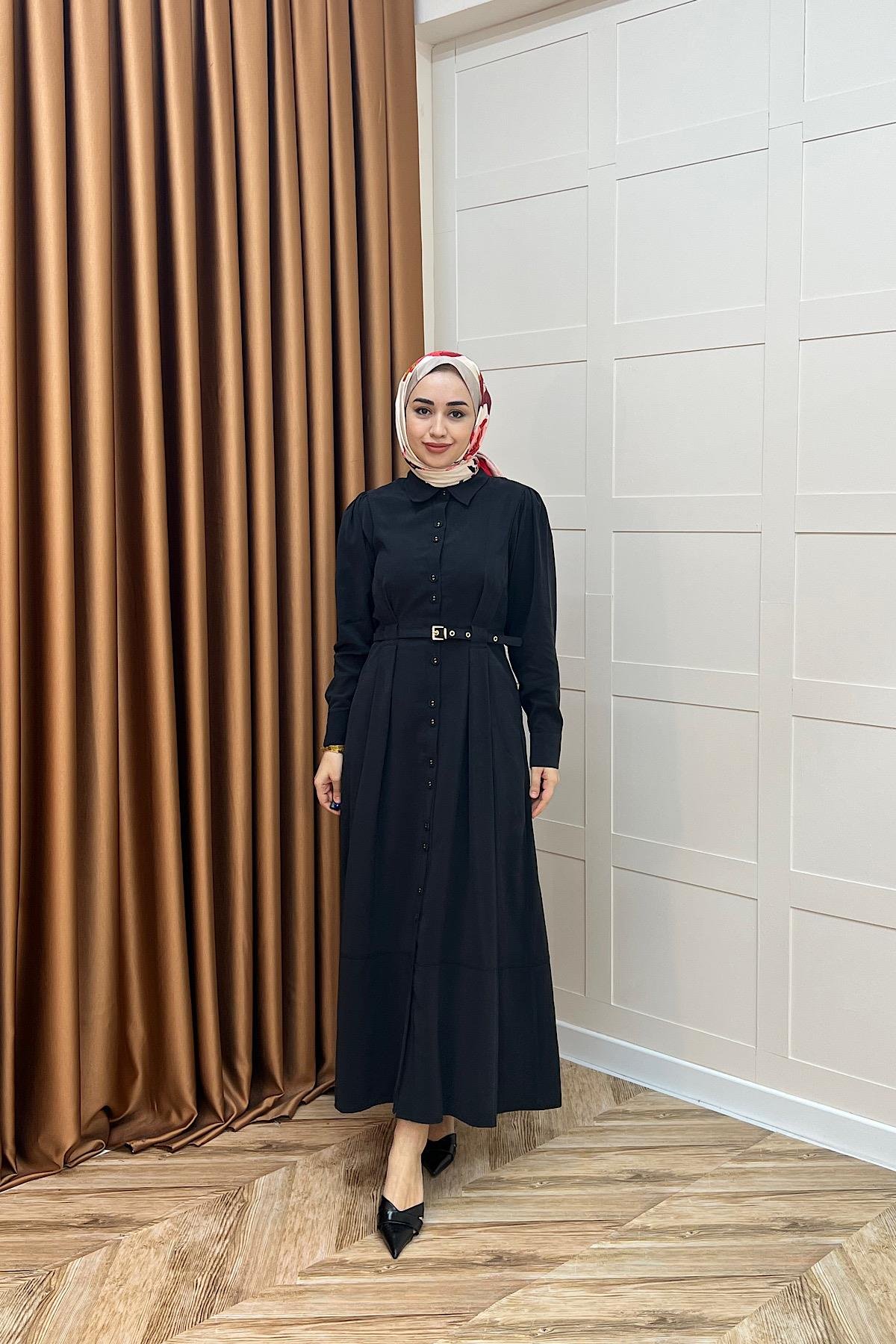 Nisa Boydan Düğmeli Elbise Siyah