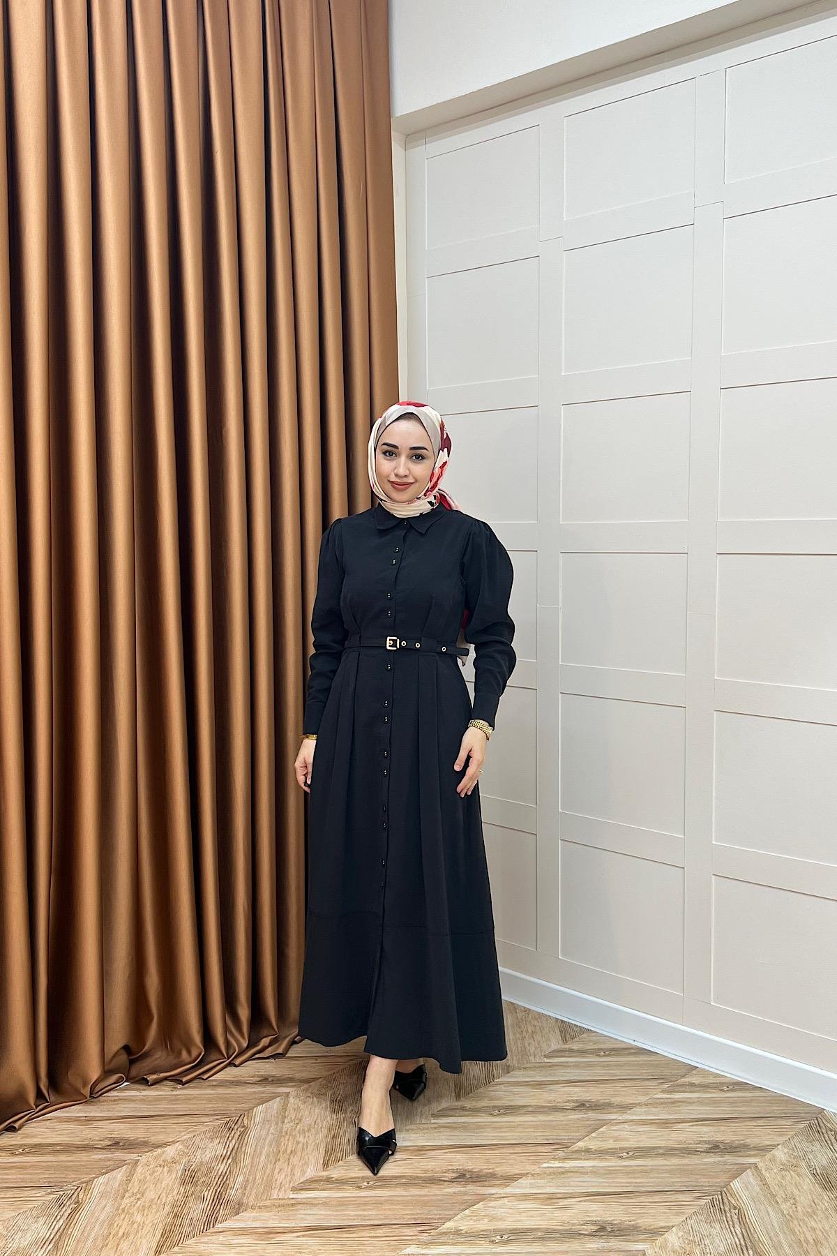 Nisa Boydan Düğmeli Elbise Siyah