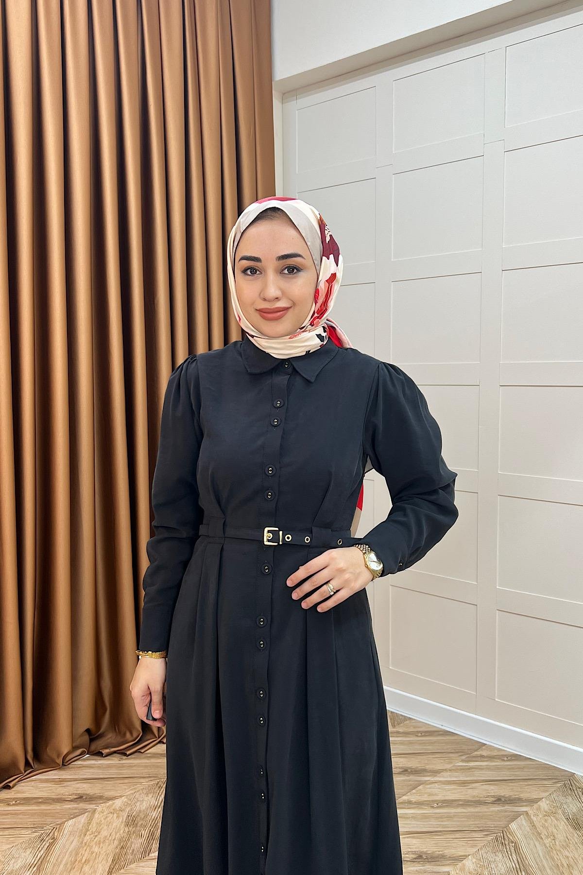 Nisa Boydan Düğmeli Elbise Siyah