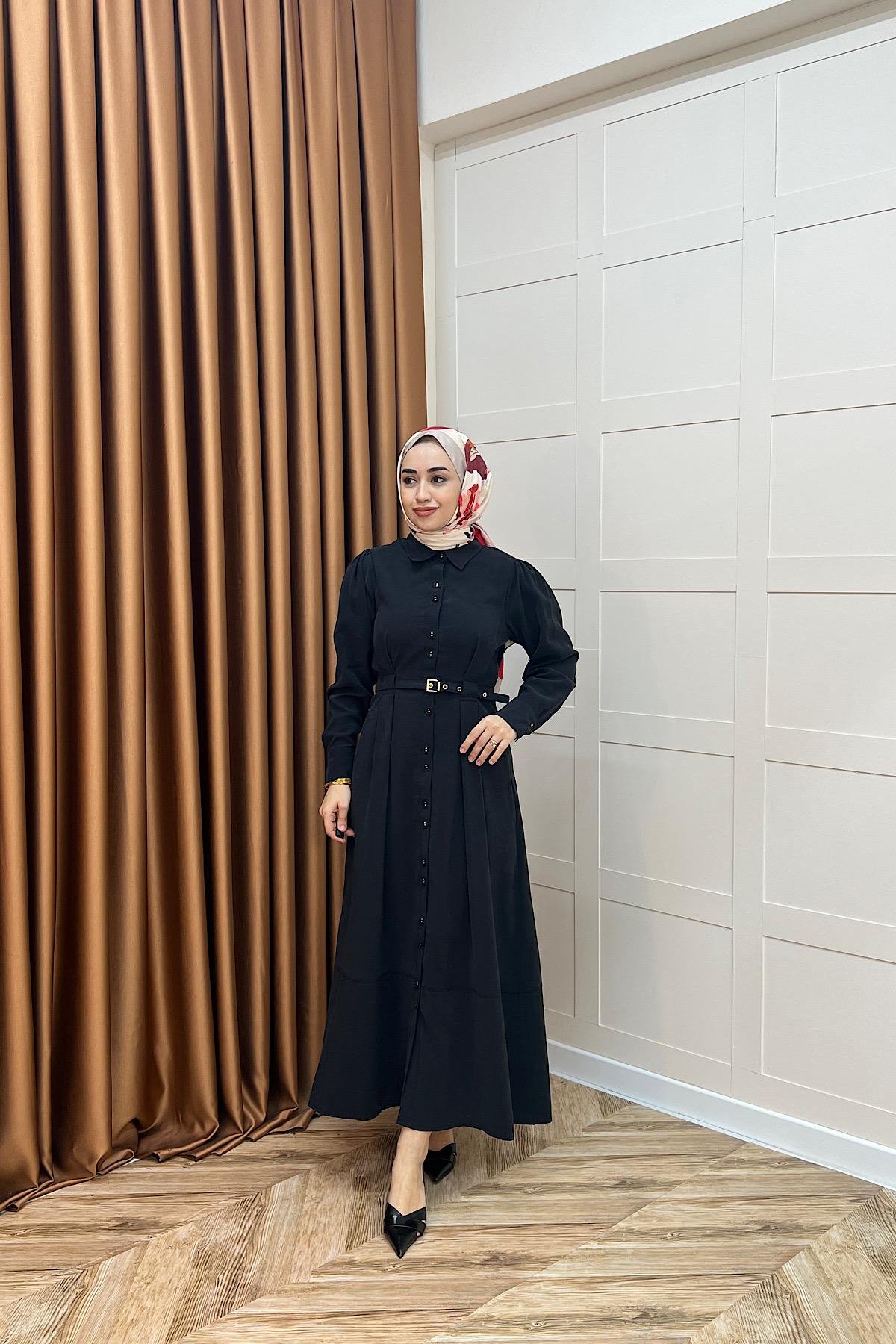 Nisa Boydan Düğmeli Elbise Siyah