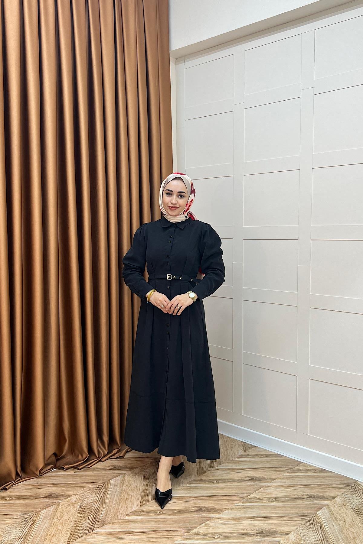 Nisa Boydan Düğmeli Elbise Siyah