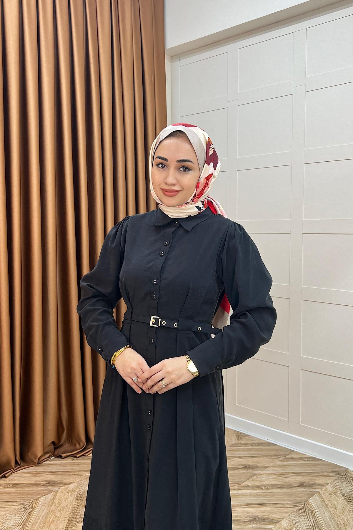 Nisa Boydan Düğmeli Elbise Siyah