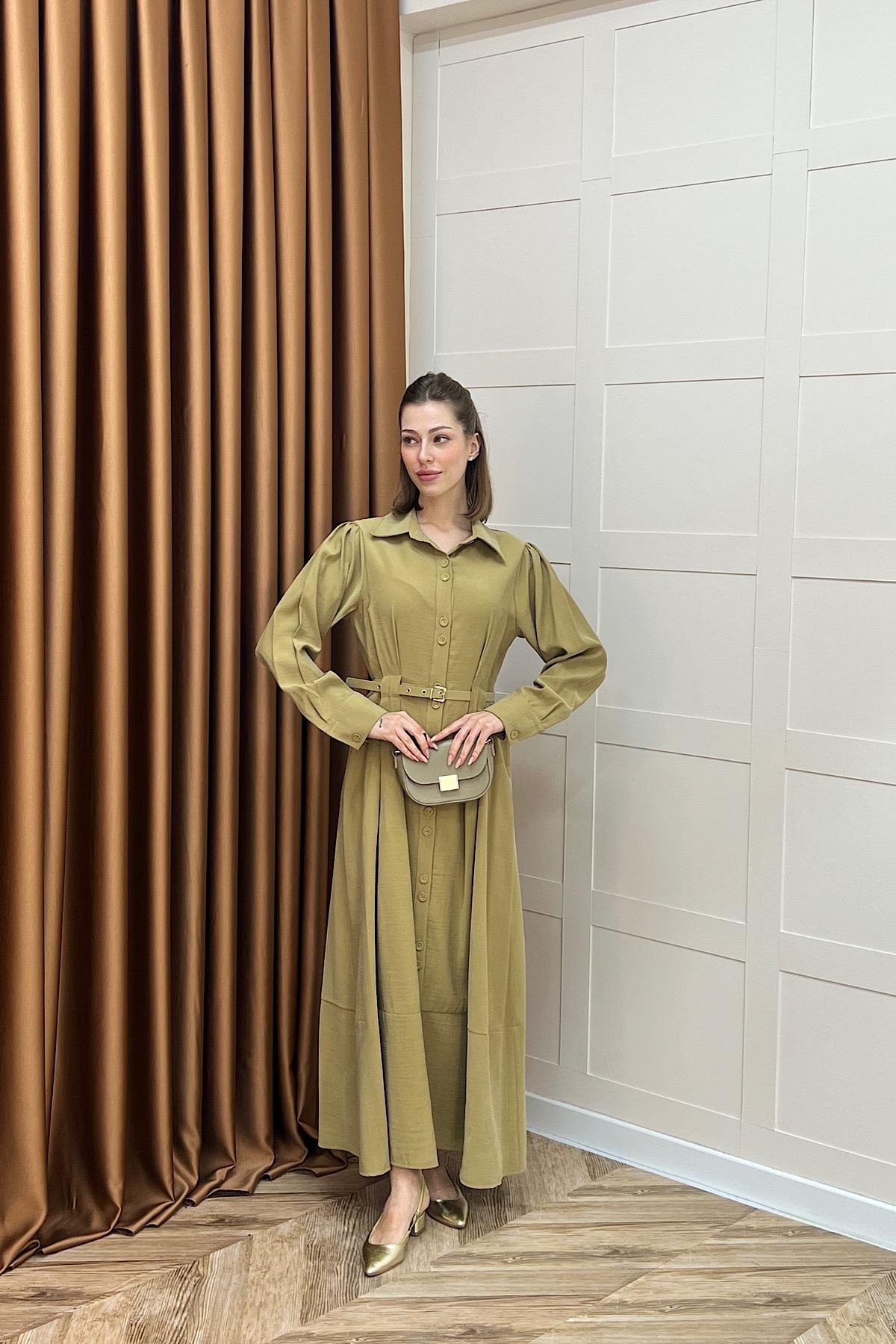 Nisa Boydan Düğmeli Elbise Yağ Yeşili