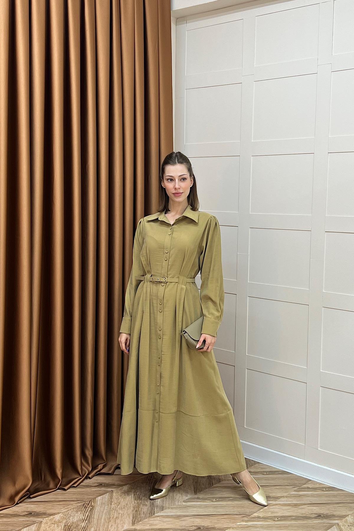 Nisa Boydan Düğmeli Elbise Yağ Yeşili