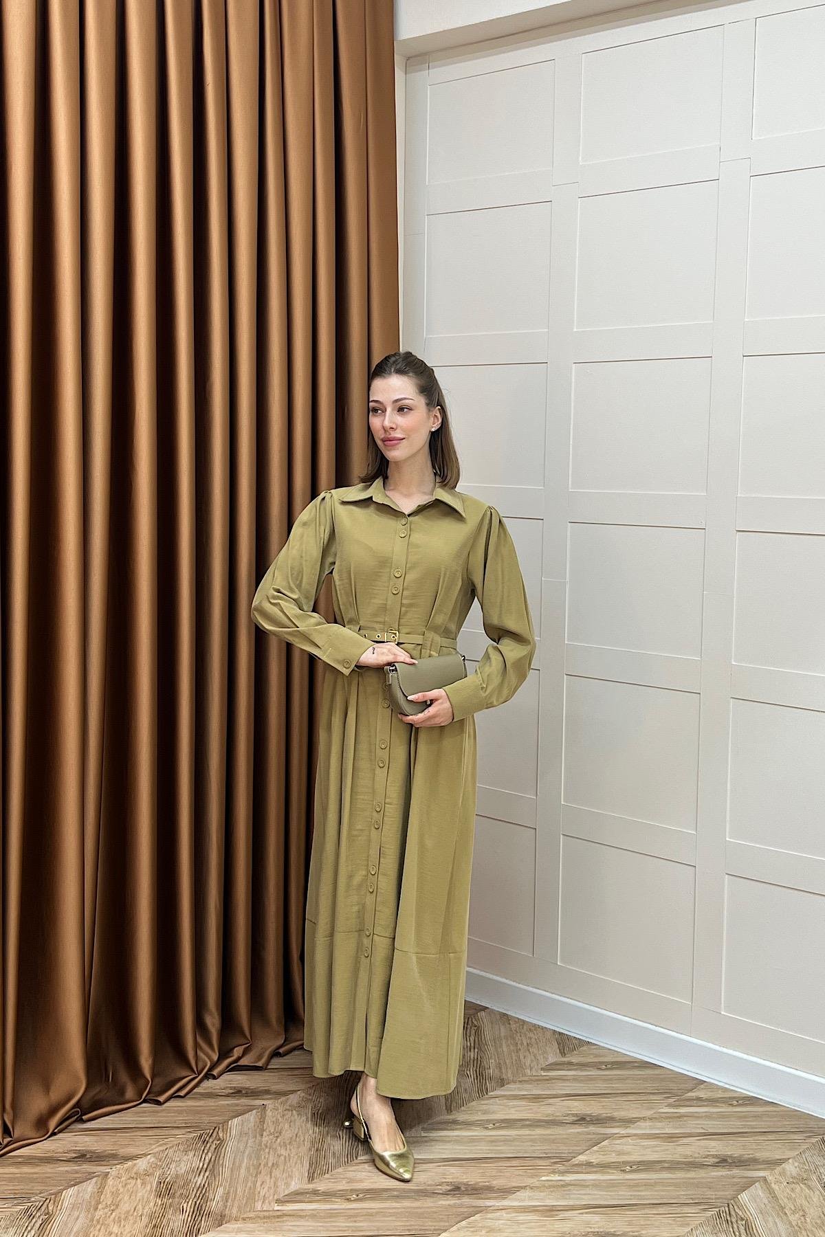 Nisa Boydan Düğmeli Elbise Yağ Yeşili