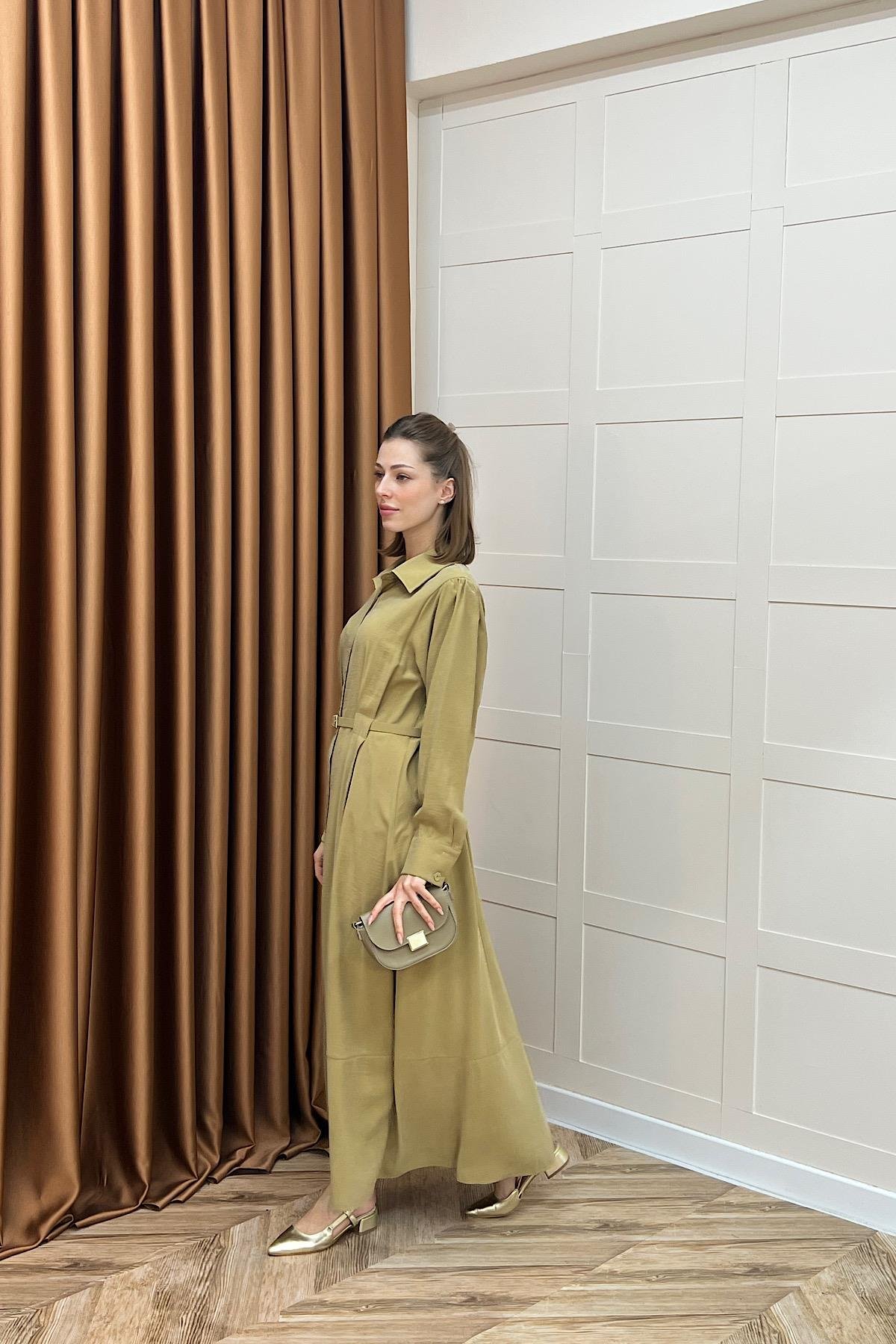 Nisa Boydan Düğmeli Elbise Yağ Yeşili