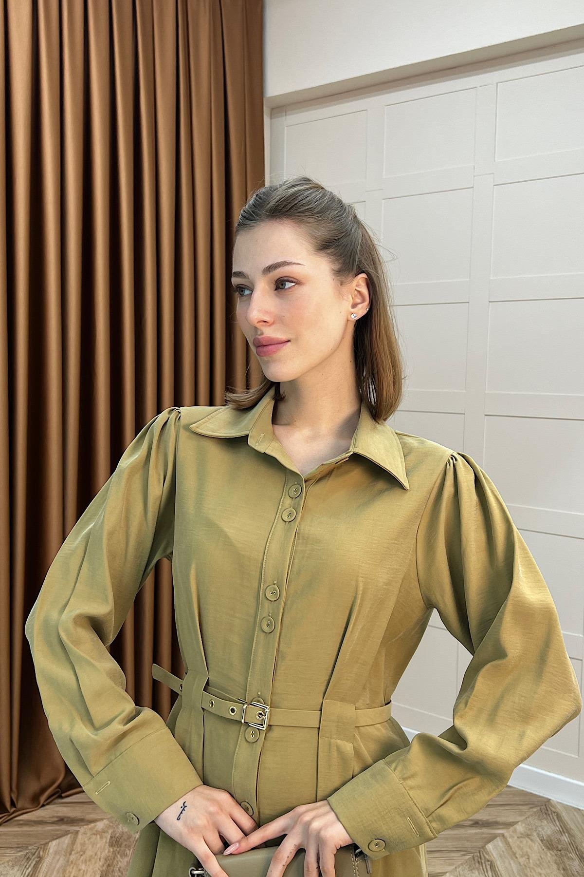 Nisa Boydan Düğmeli Elbise Yağ Yeşili