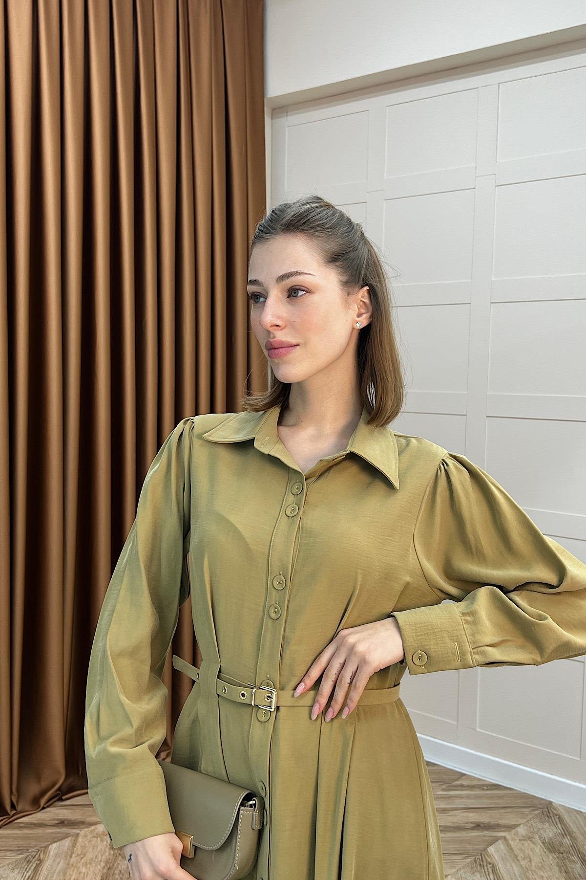 Nisa Boydan Düğmeli Elbise Yağ Yeşili