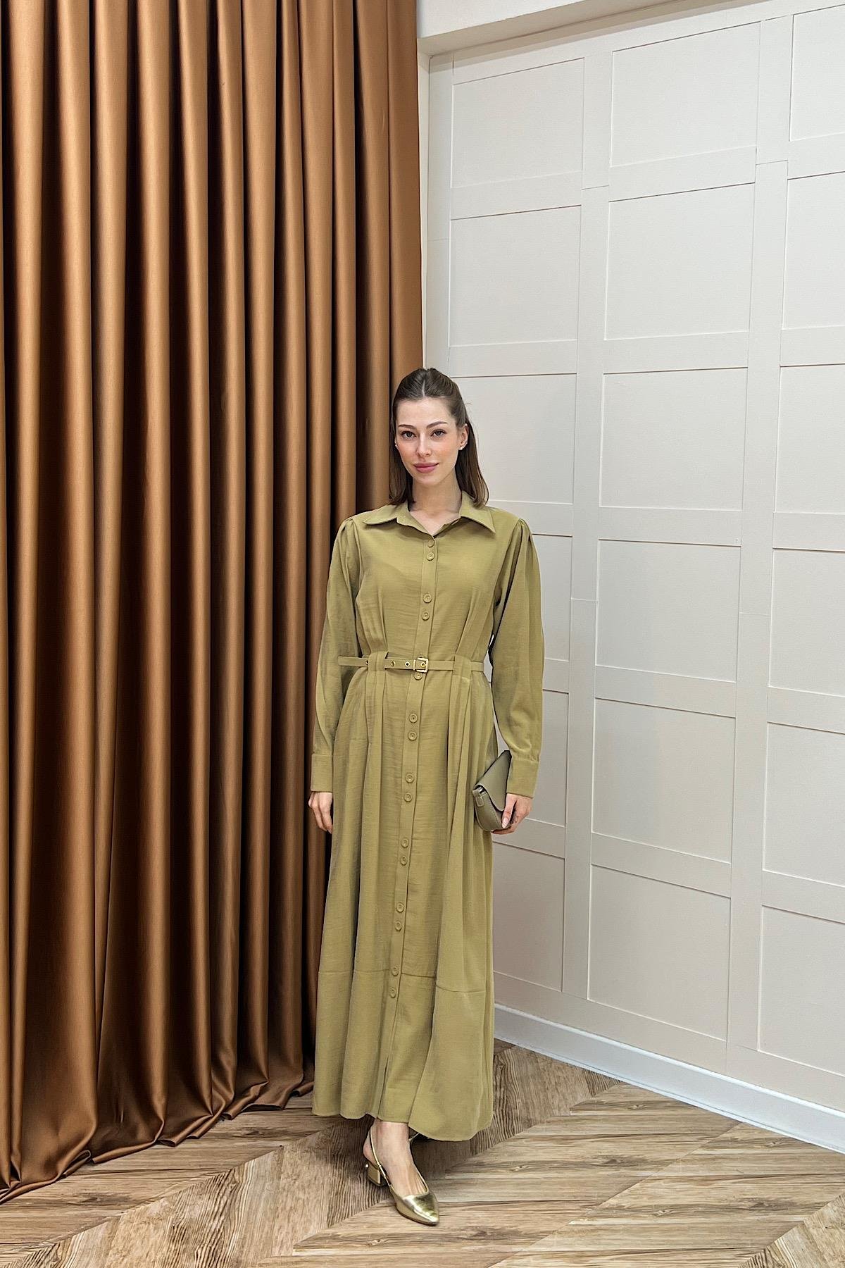 Nisa Boydan Düğmeli Elbise Yağ Yeşili