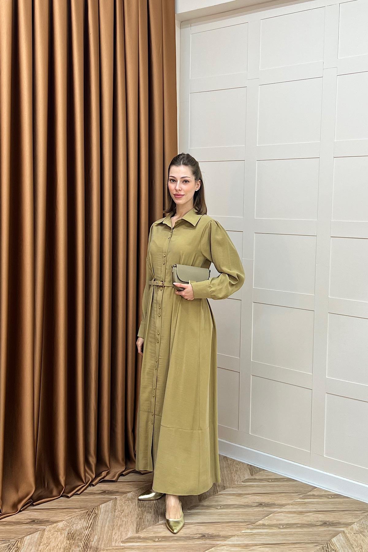 Nisa Boydan Düğmeli Elbise Yağ Yeşili