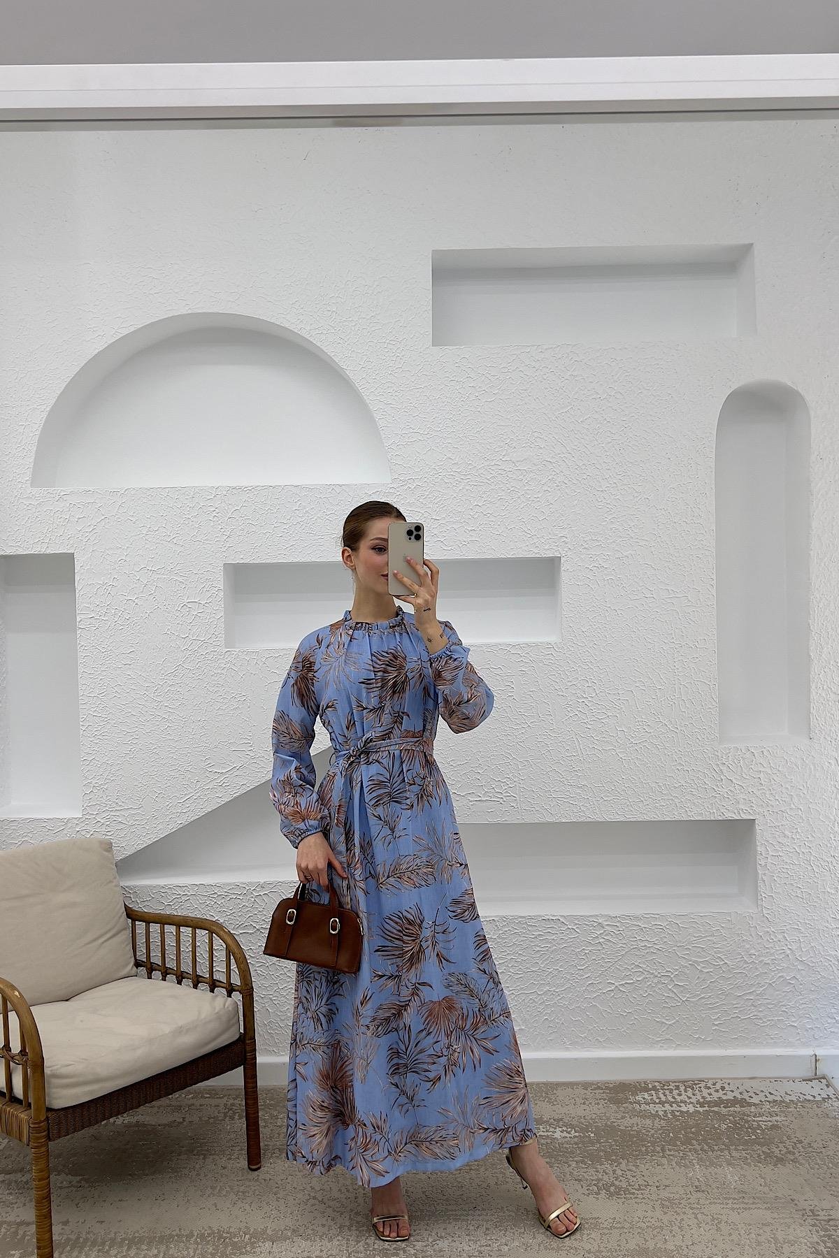 Palmiye Desen Keten Elbise Mavi