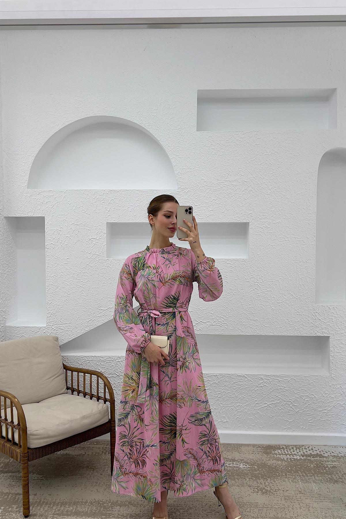 Palmiye Desen Keten Elbise Pembe