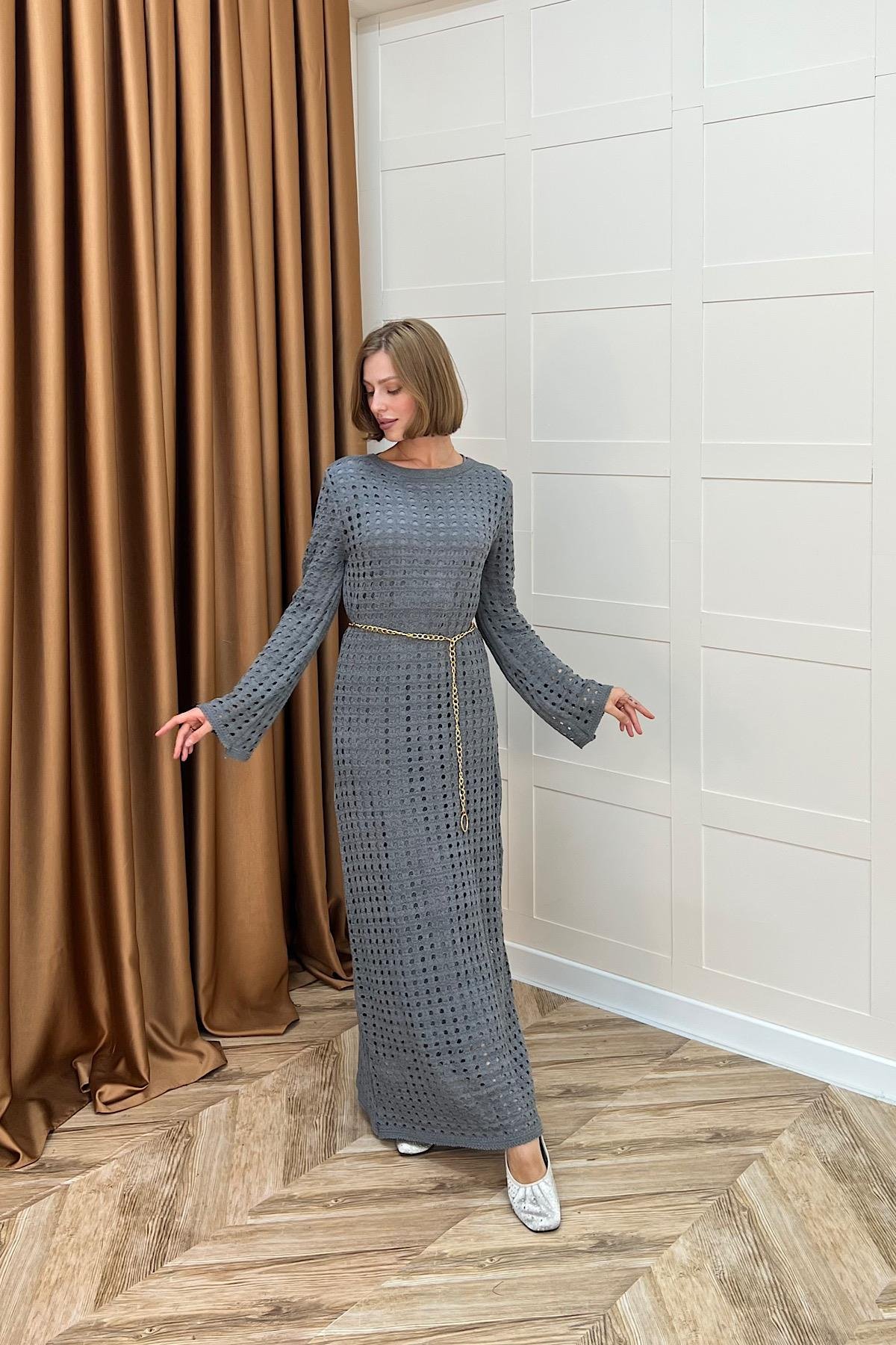 Palmiye Fileli Triko Elbise Antrasit