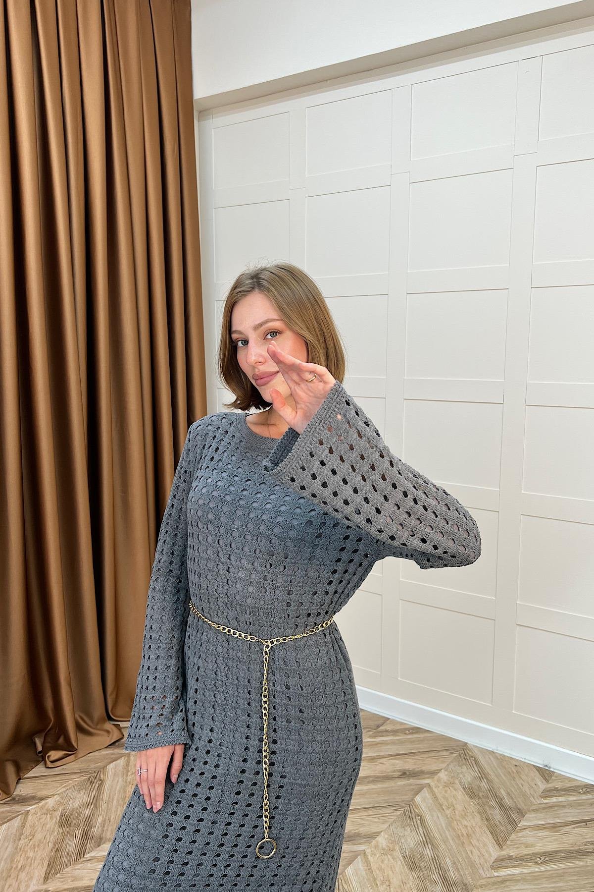 Palmiye Fileli Triko Elbise Antrasit