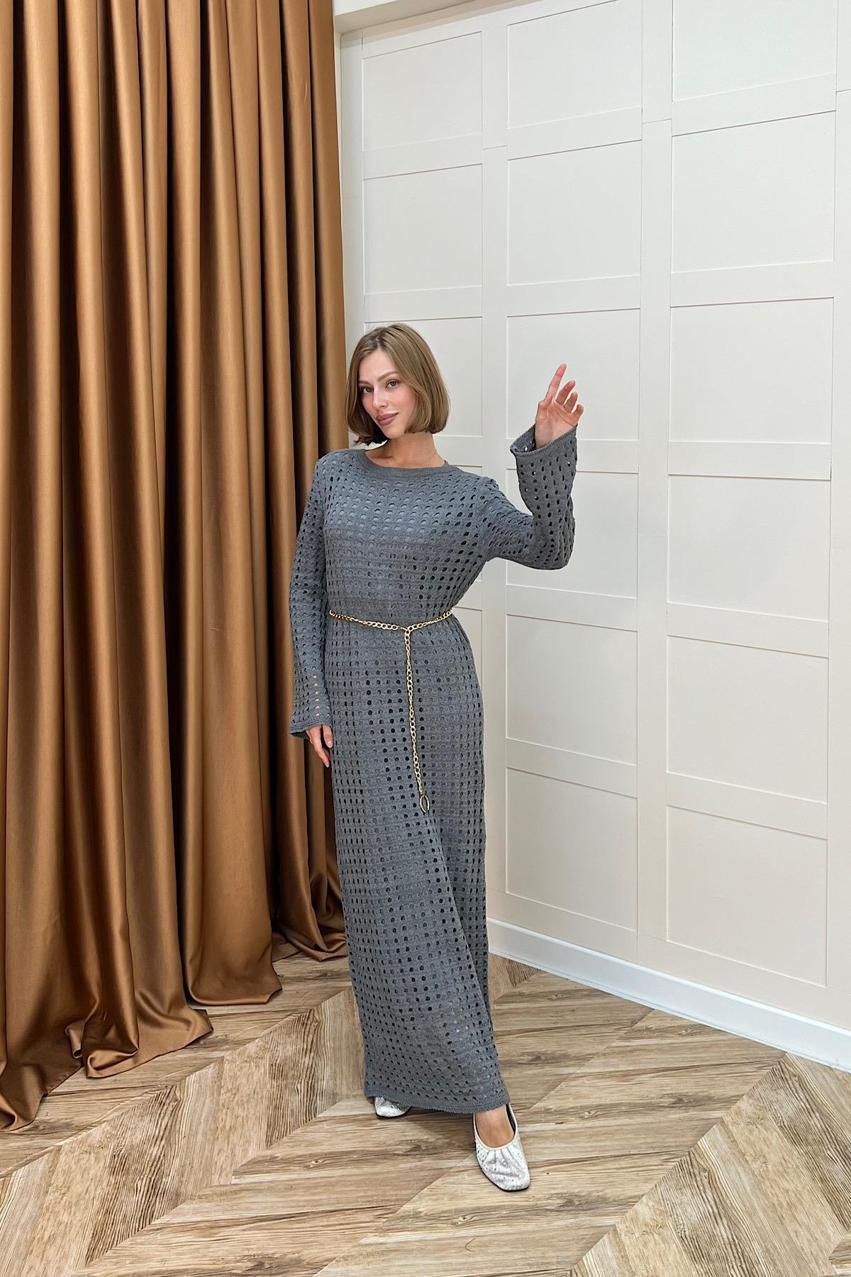 Palmiye Fileli Triko Elbise Antrasit