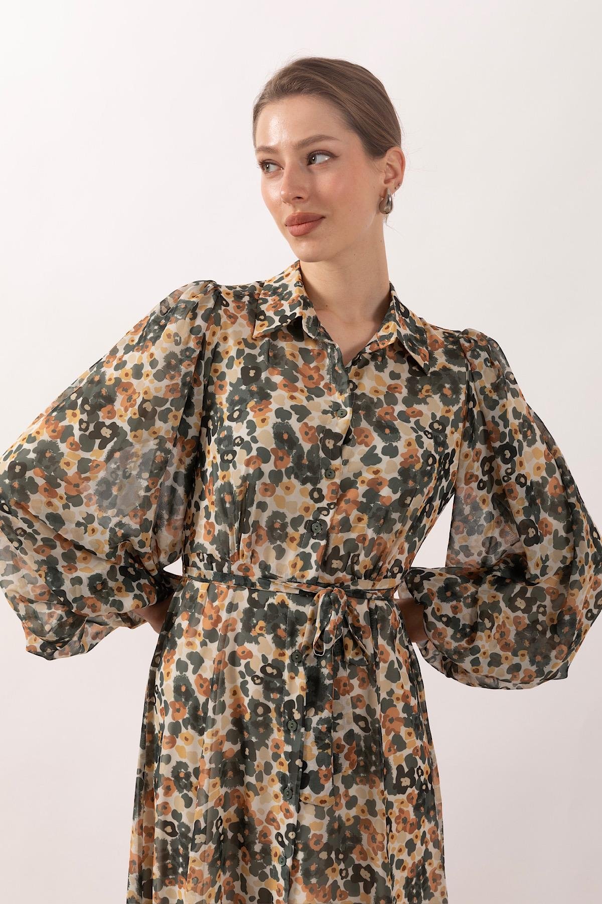 Perla Boydan Düğmeli Elbise Yeşil