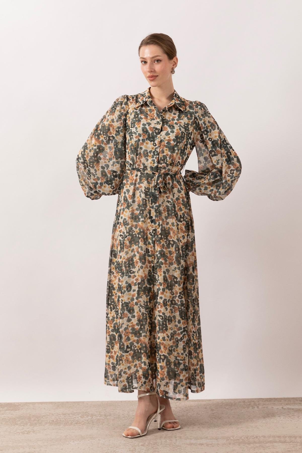 Perla Boydan Düğmeli Elbise Yeşil