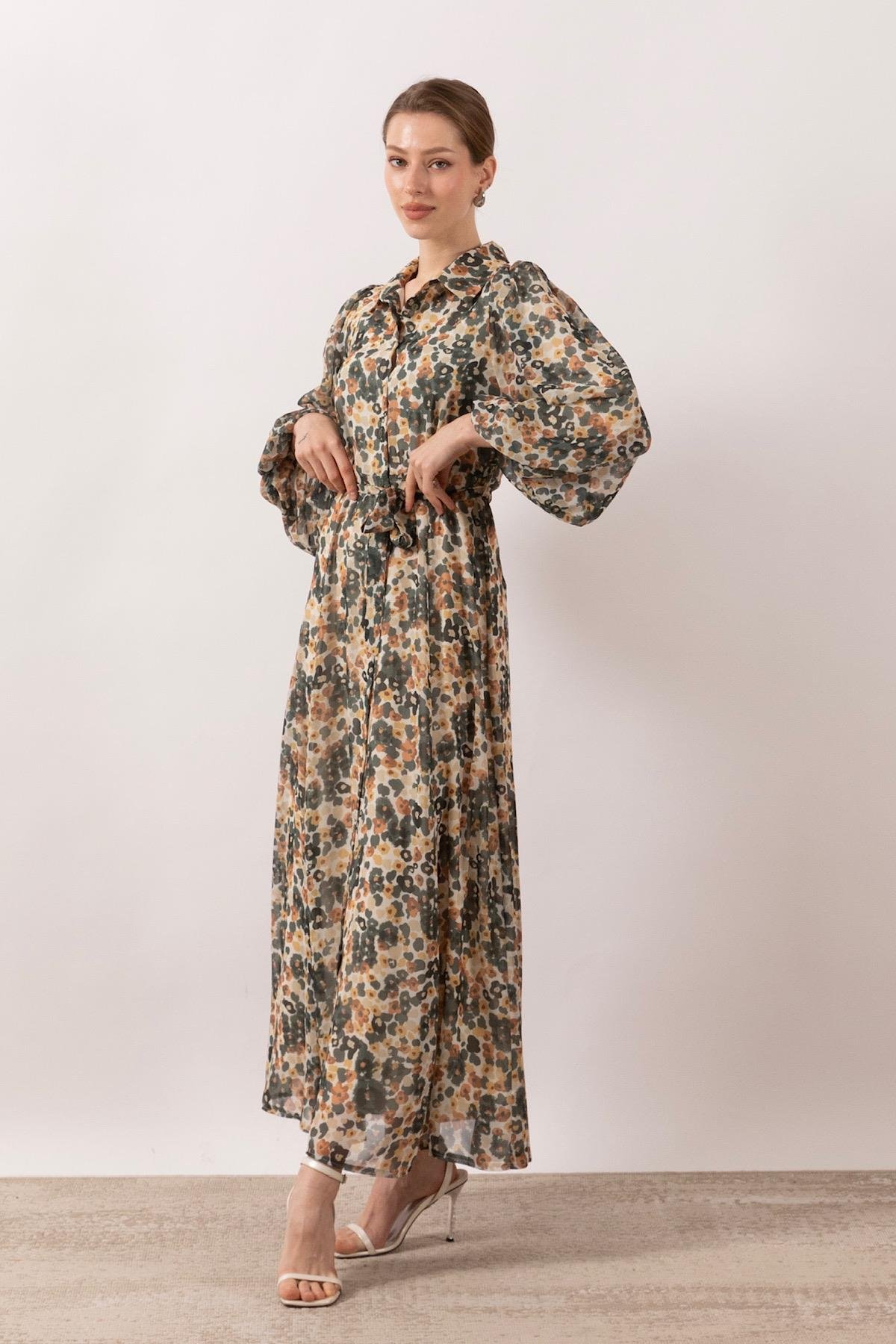 Perla Boydan Düğmeli Elbise Yeşil