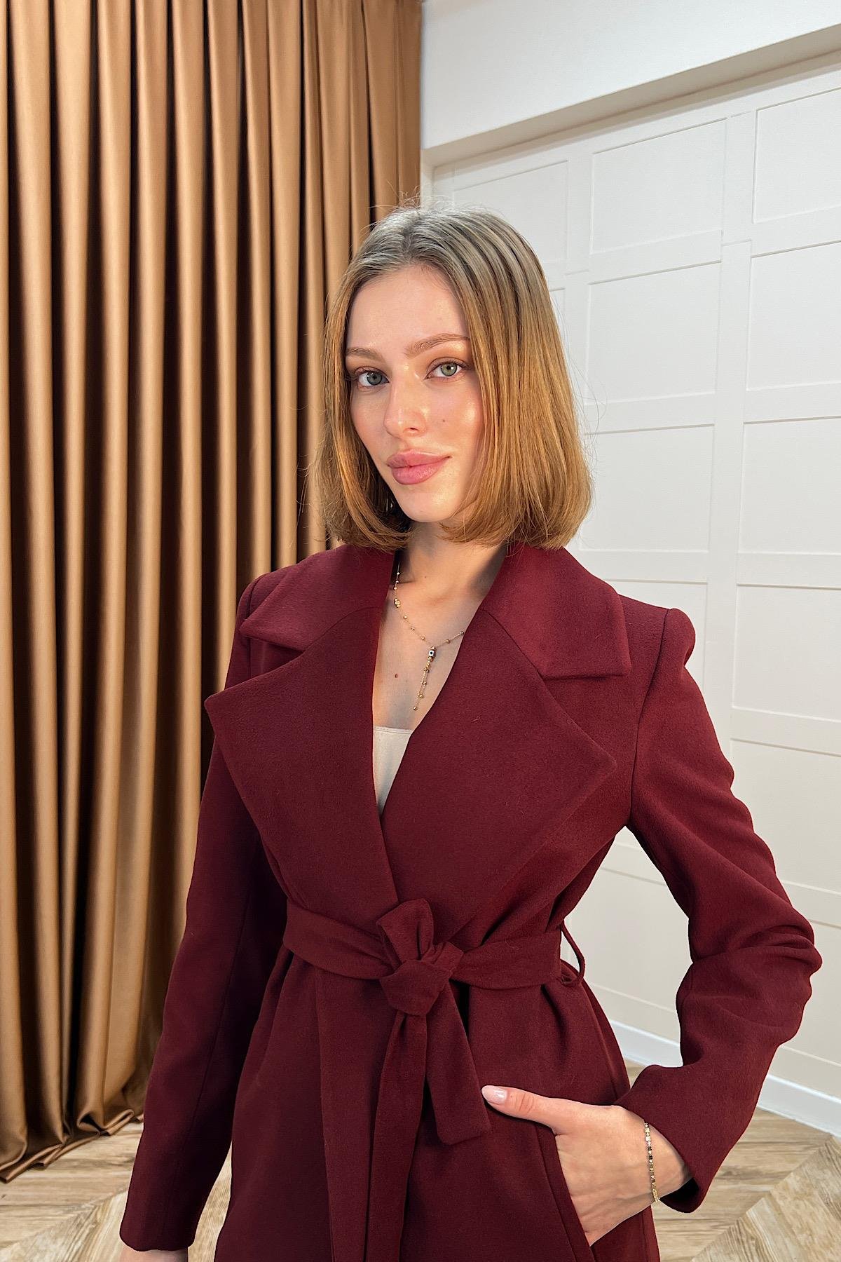 Premium Kuşaklı Kaşe Kaban Bordo