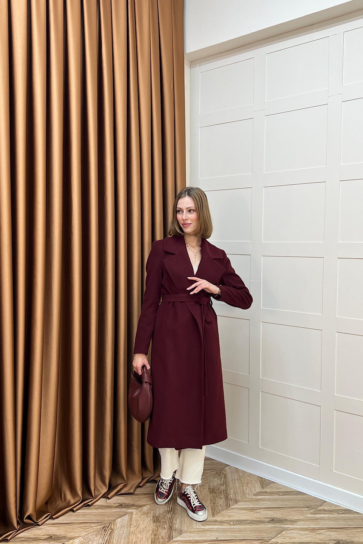 Premium Kuşaklı Kaşe Kaban Bordo