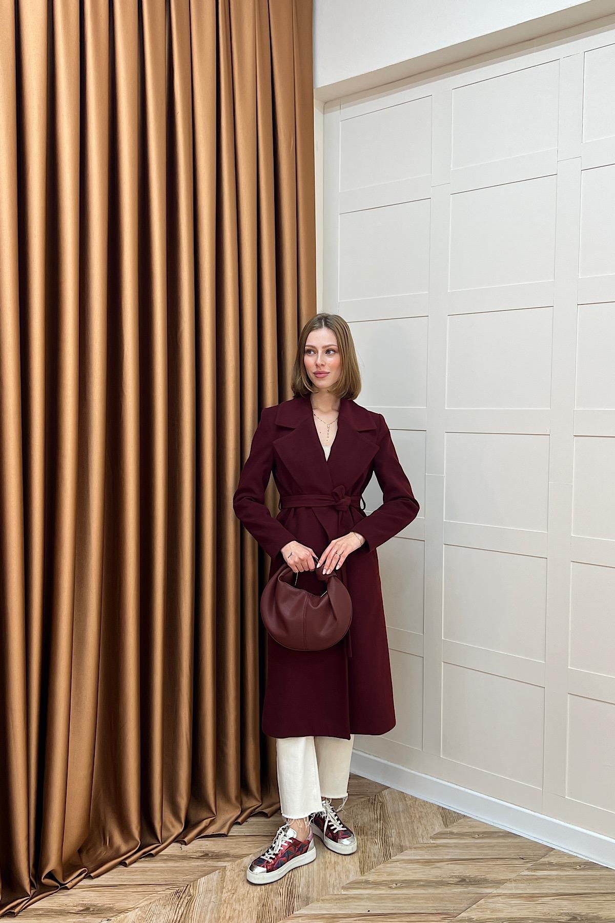 Premium Kuşaklı Kaşe Kaban Bordo