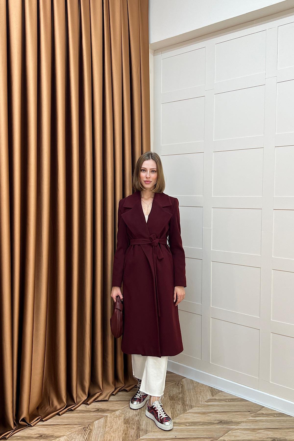 Premium Kuşaklı Kaşe Kaban Bordo