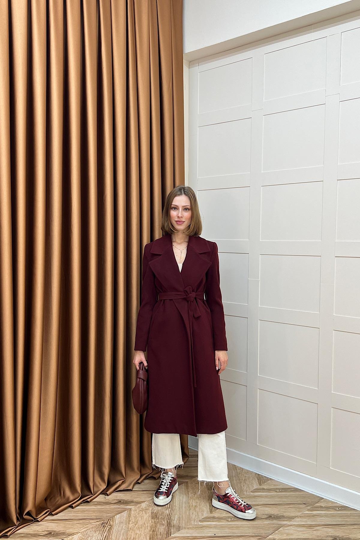 Premium Kuşaklı Kaşe Kaban Bordo