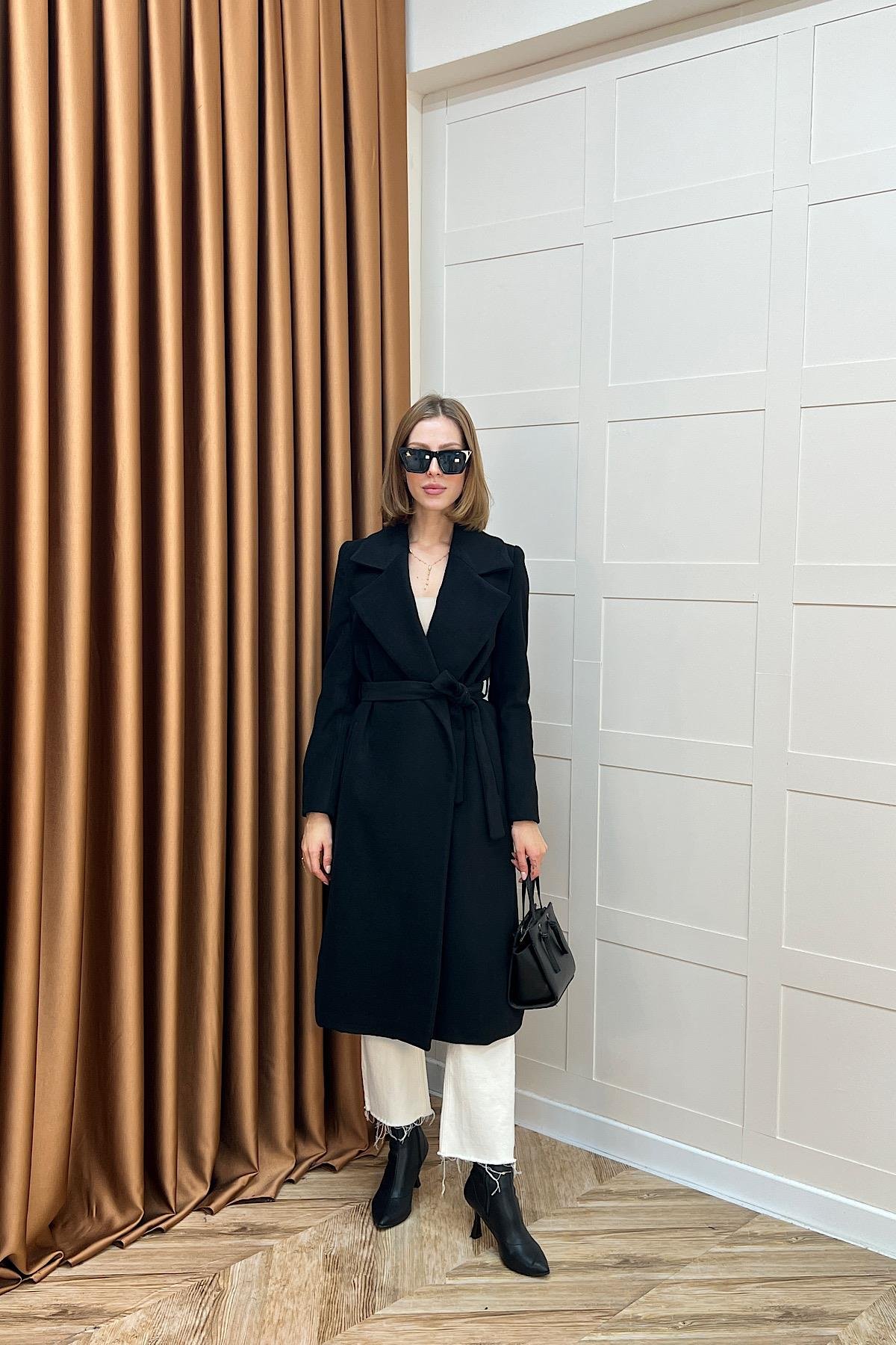 Premium Kuşaklı Kaşe Kaban Siyah