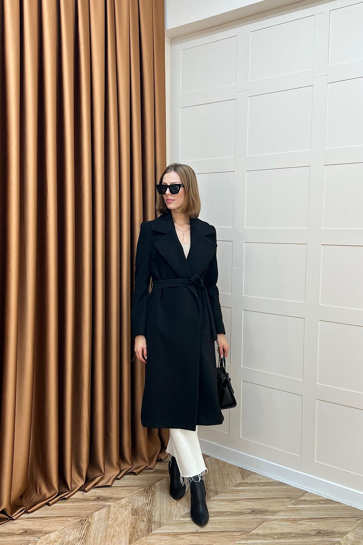 Premium Kuşaklı Kaşe Kaban Siyah