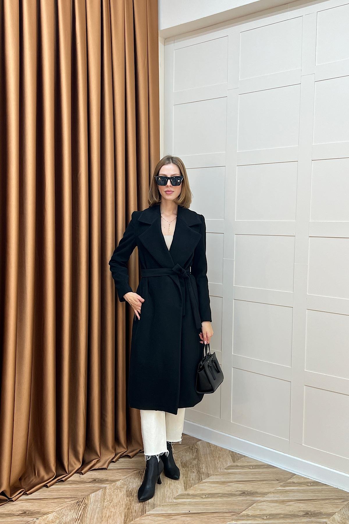 Premium Kuşaklı Kaşe Kaban Siyah