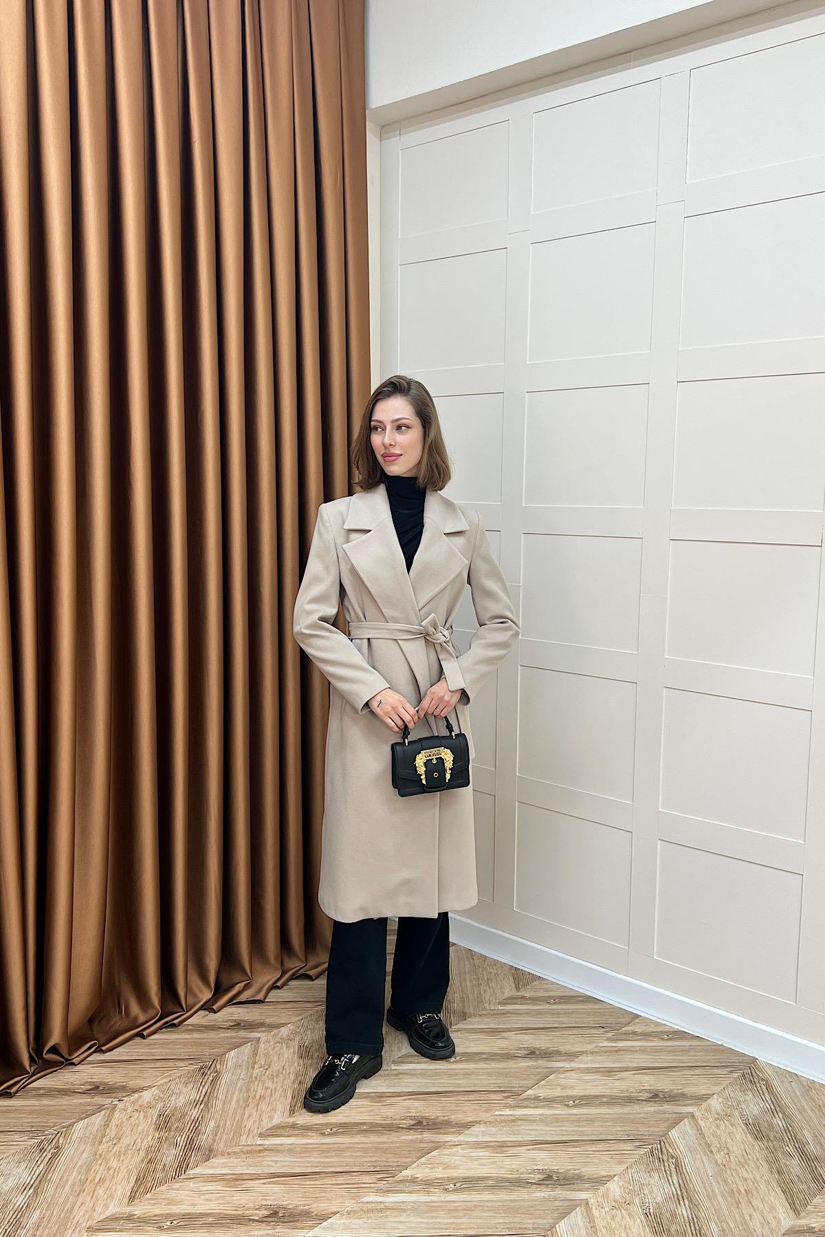 Premium Kuşaklı Kaşe Kaban Taş