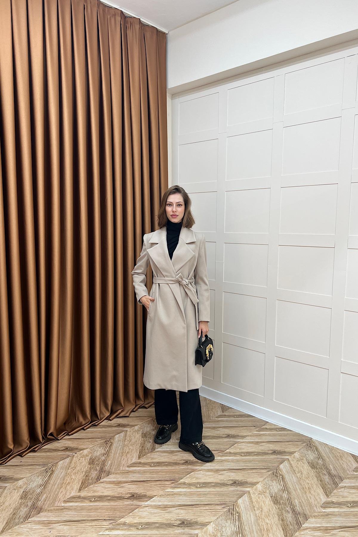 Premium Kuşaklı Kaşe Kaban Taş