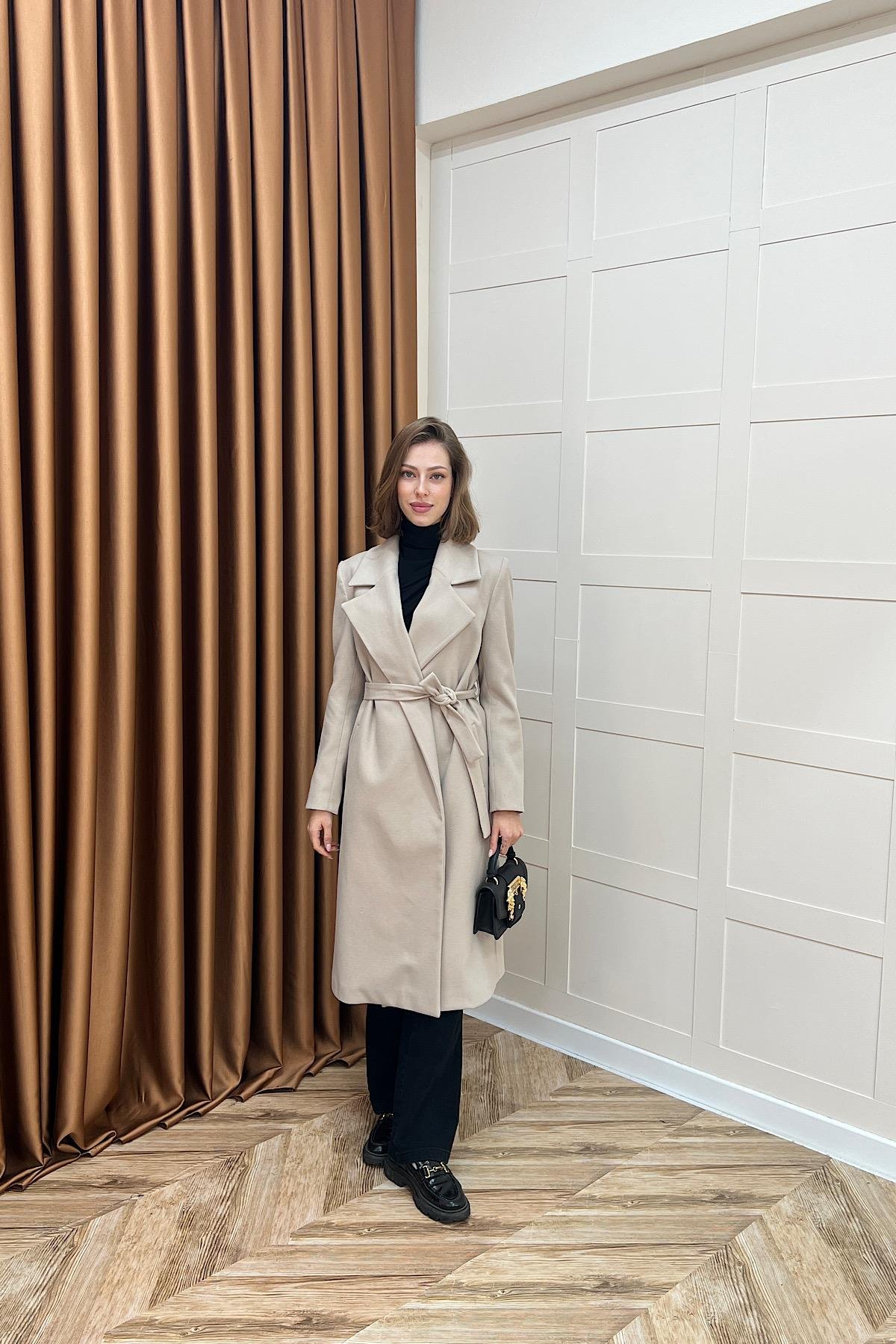 Premium Kuşaklı Kaşe Kaban Taş