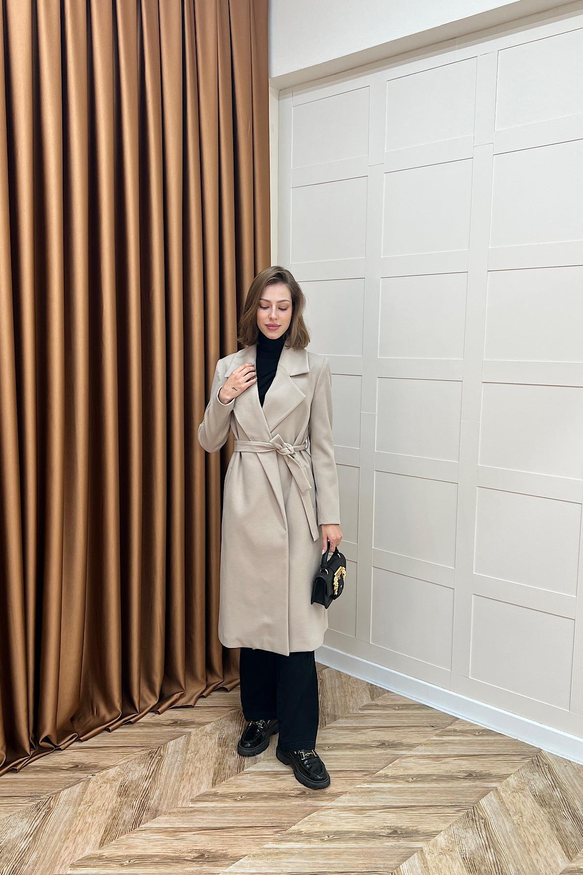 Premium Kuşaklı Kaşe Kaban Taş