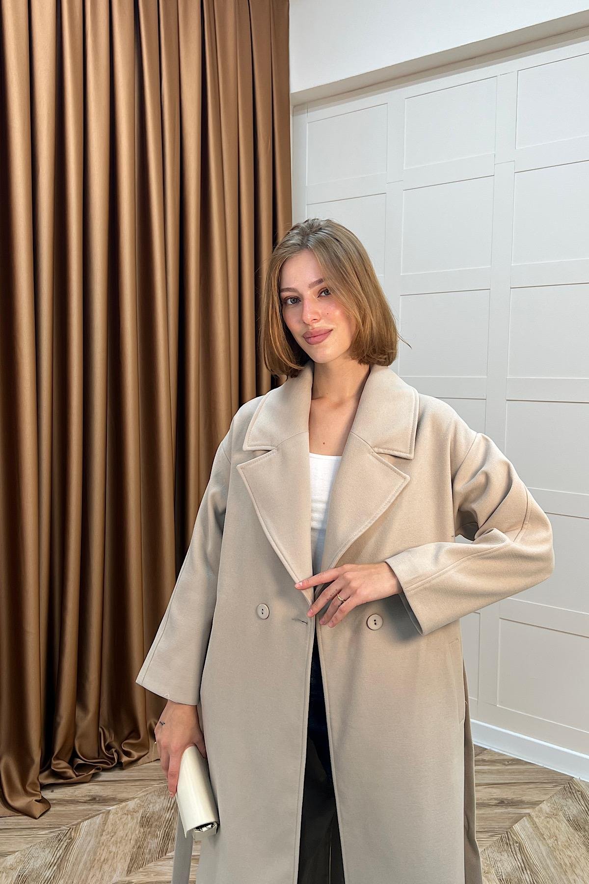 Retro Premium Kumaş Uzun Kaşe Kaban Taş