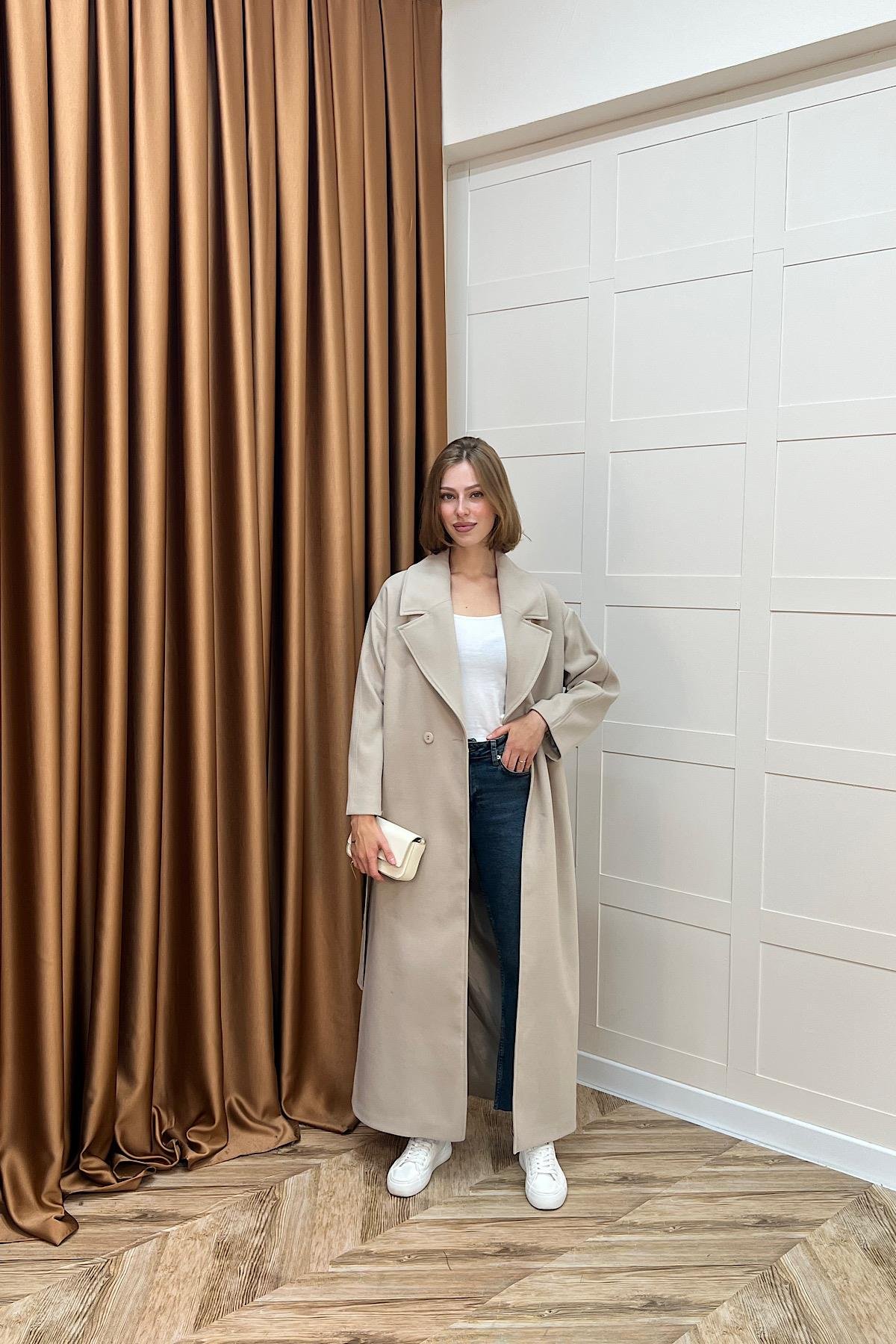 Retro Premium Kumaş Uzun Kaşe Kaban Taş