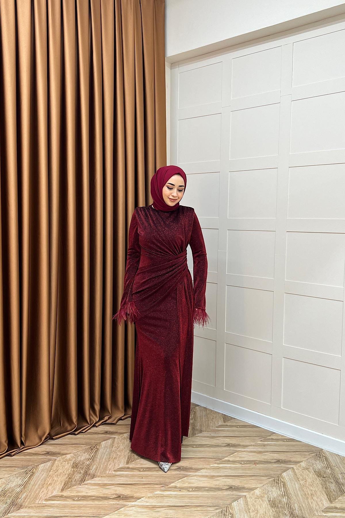 Rosalin Tüy Detay Abiye Bordo