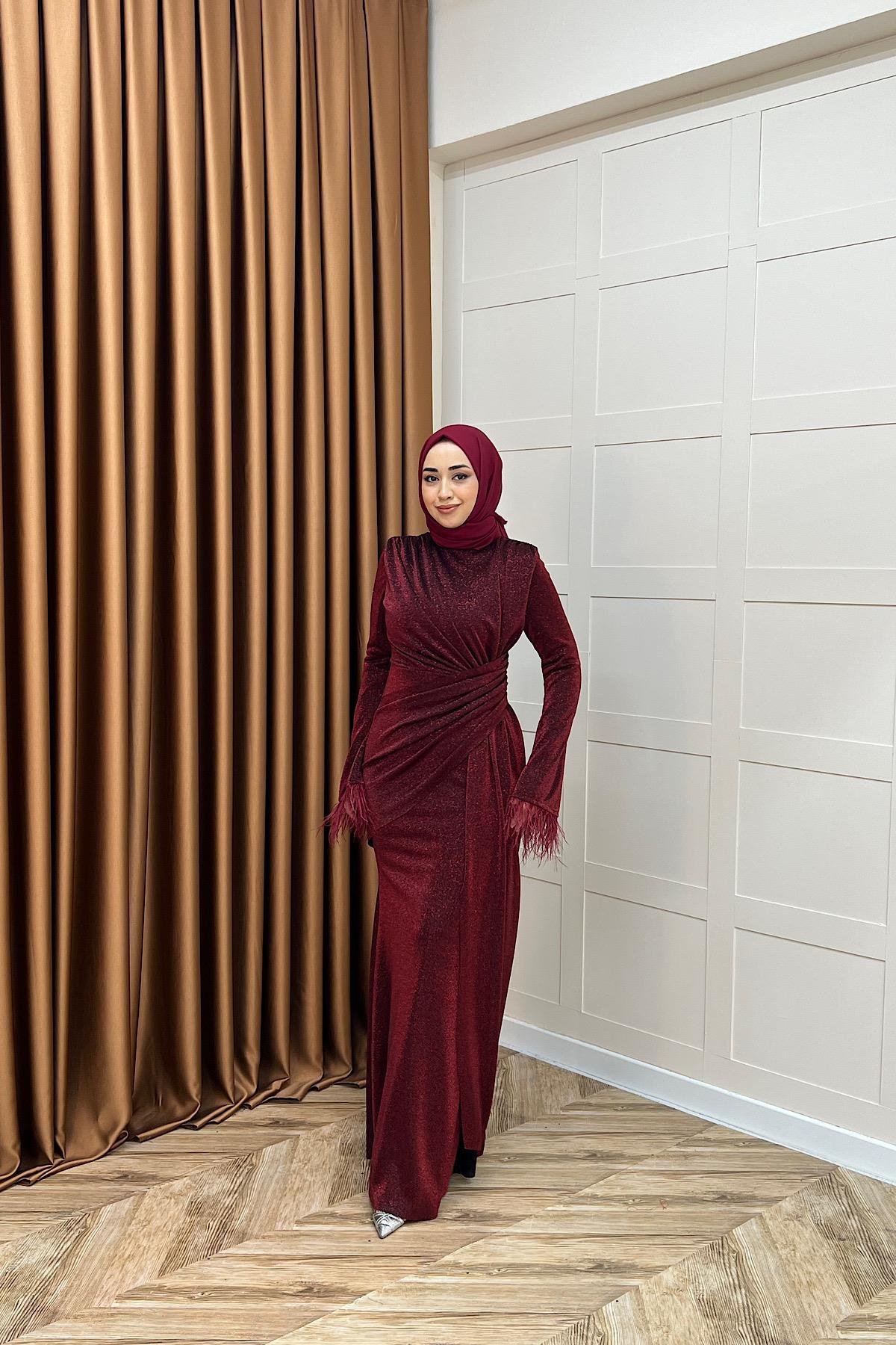 Rosalin Tüy Detay Abiye Bordo