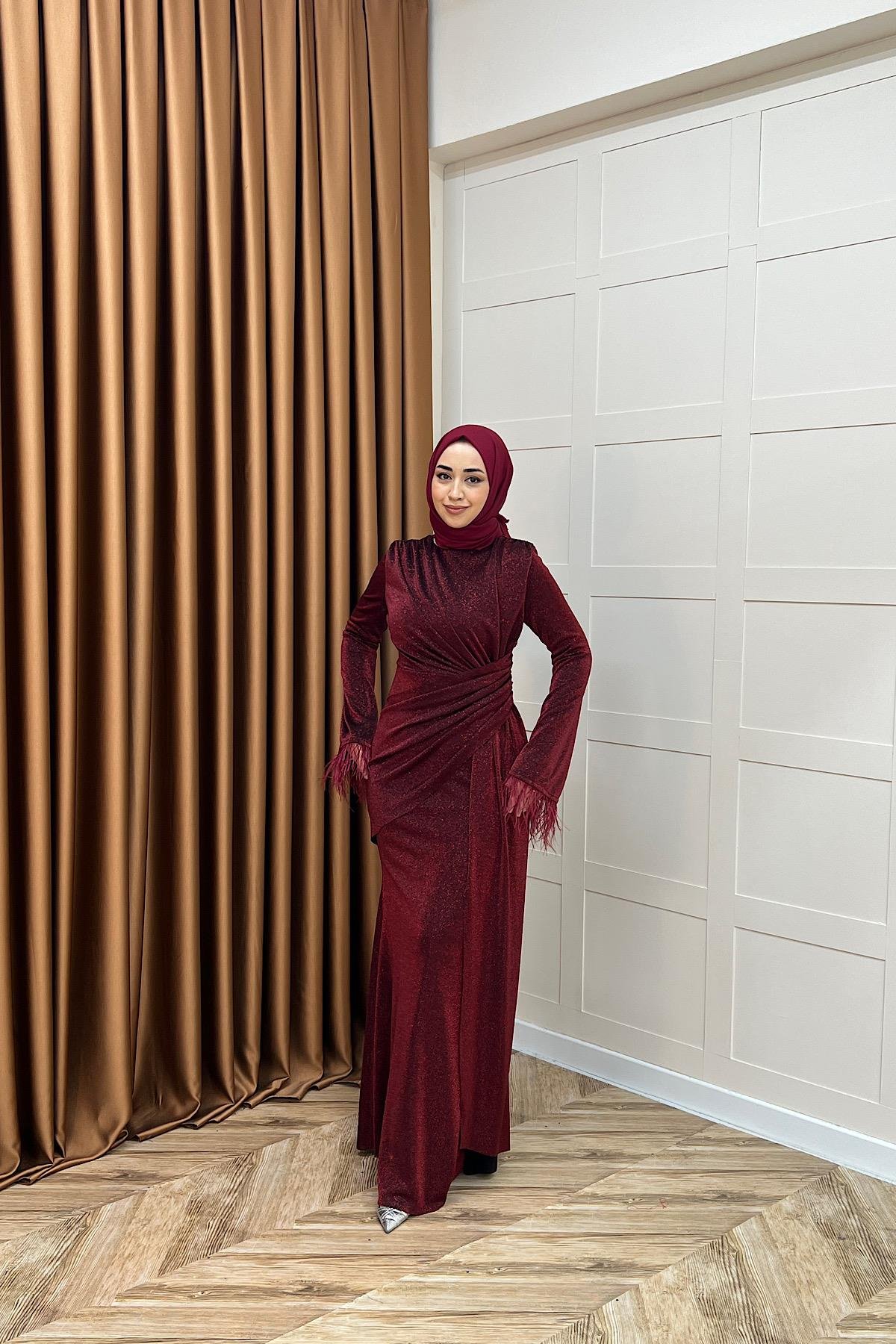 Rosalin Tüy Detay Abiye Bordo