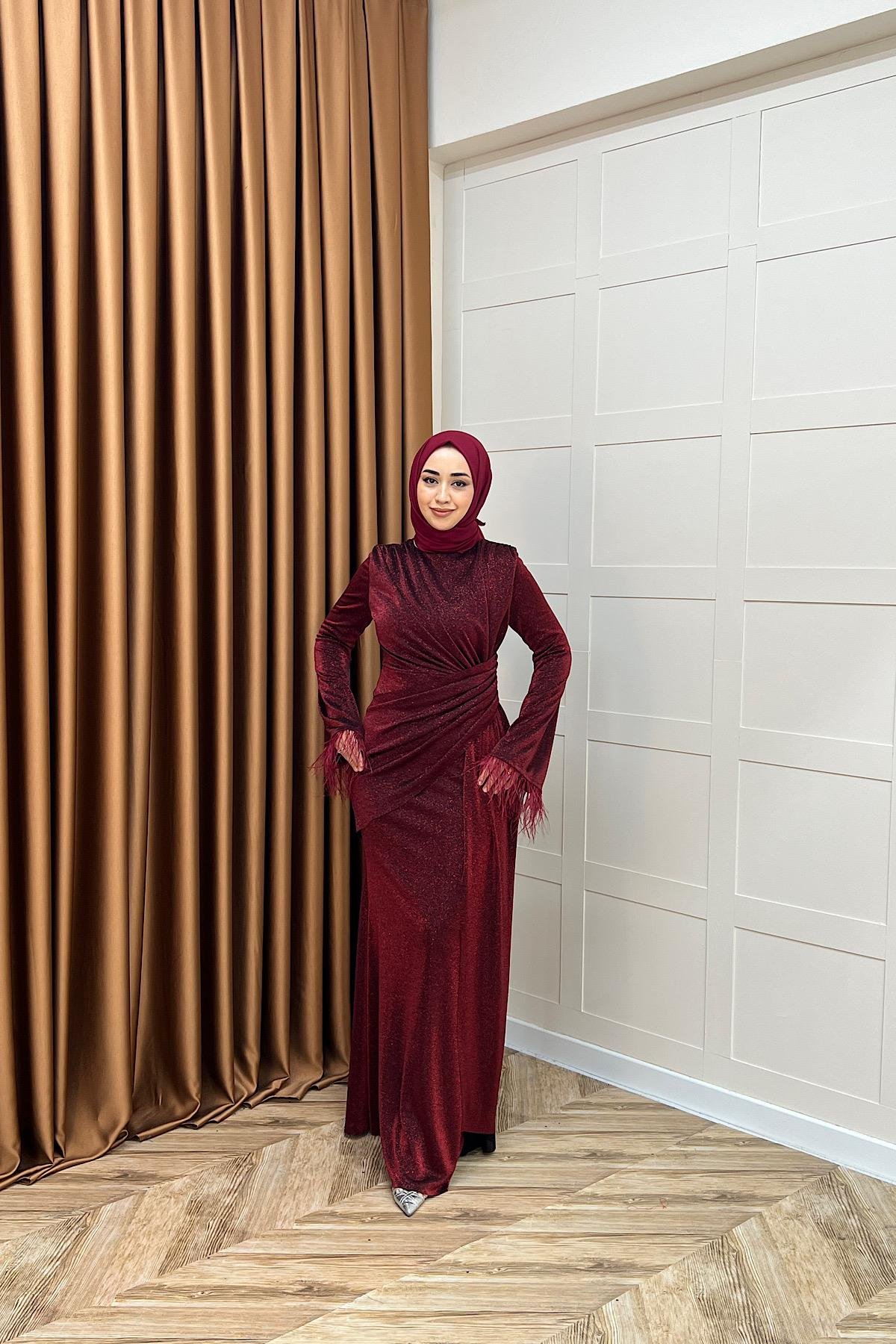Rosalin Tüy Detay Abiye Bordo