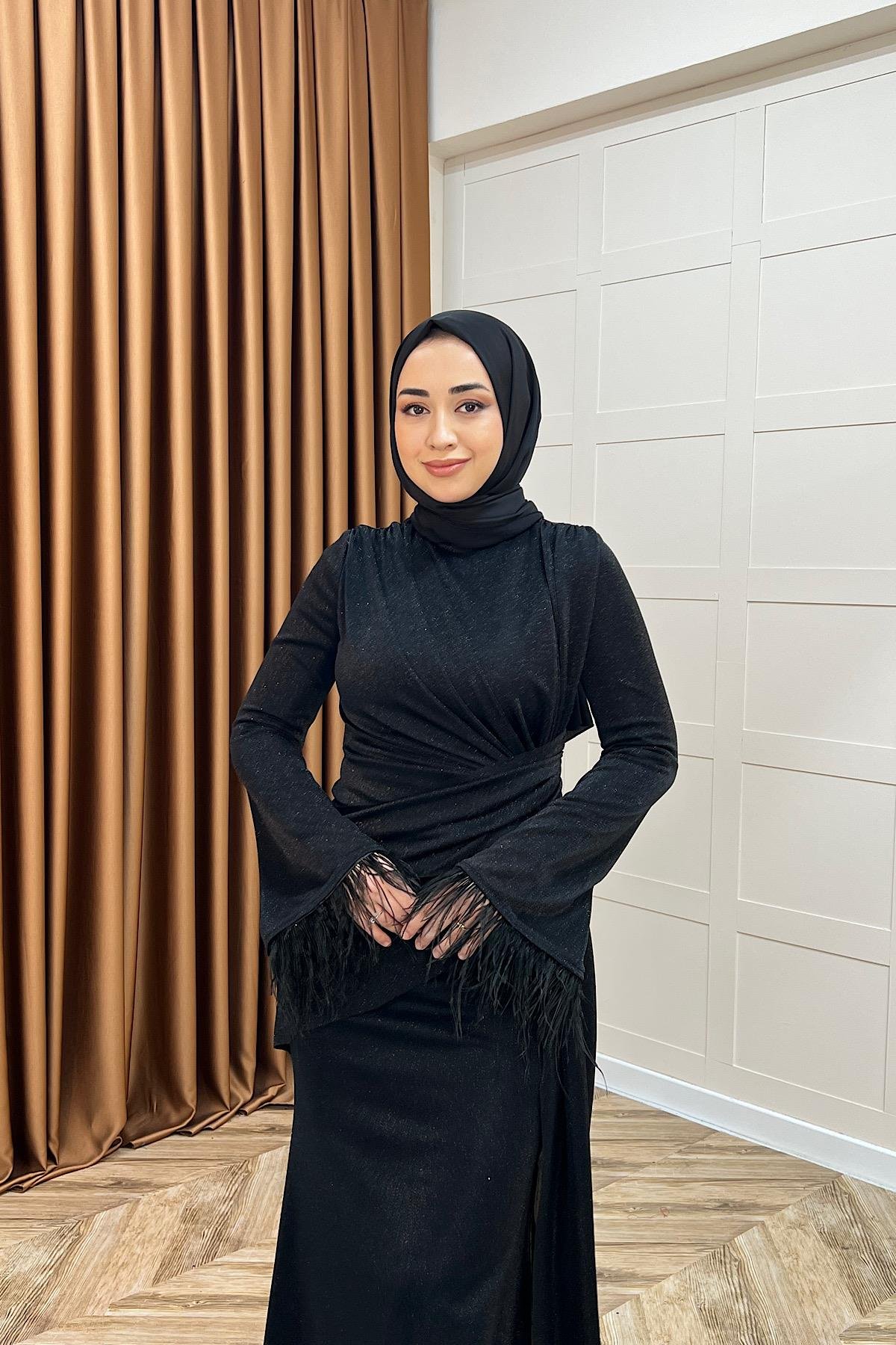 Rosalin Tüy Detay Abiye Siyah